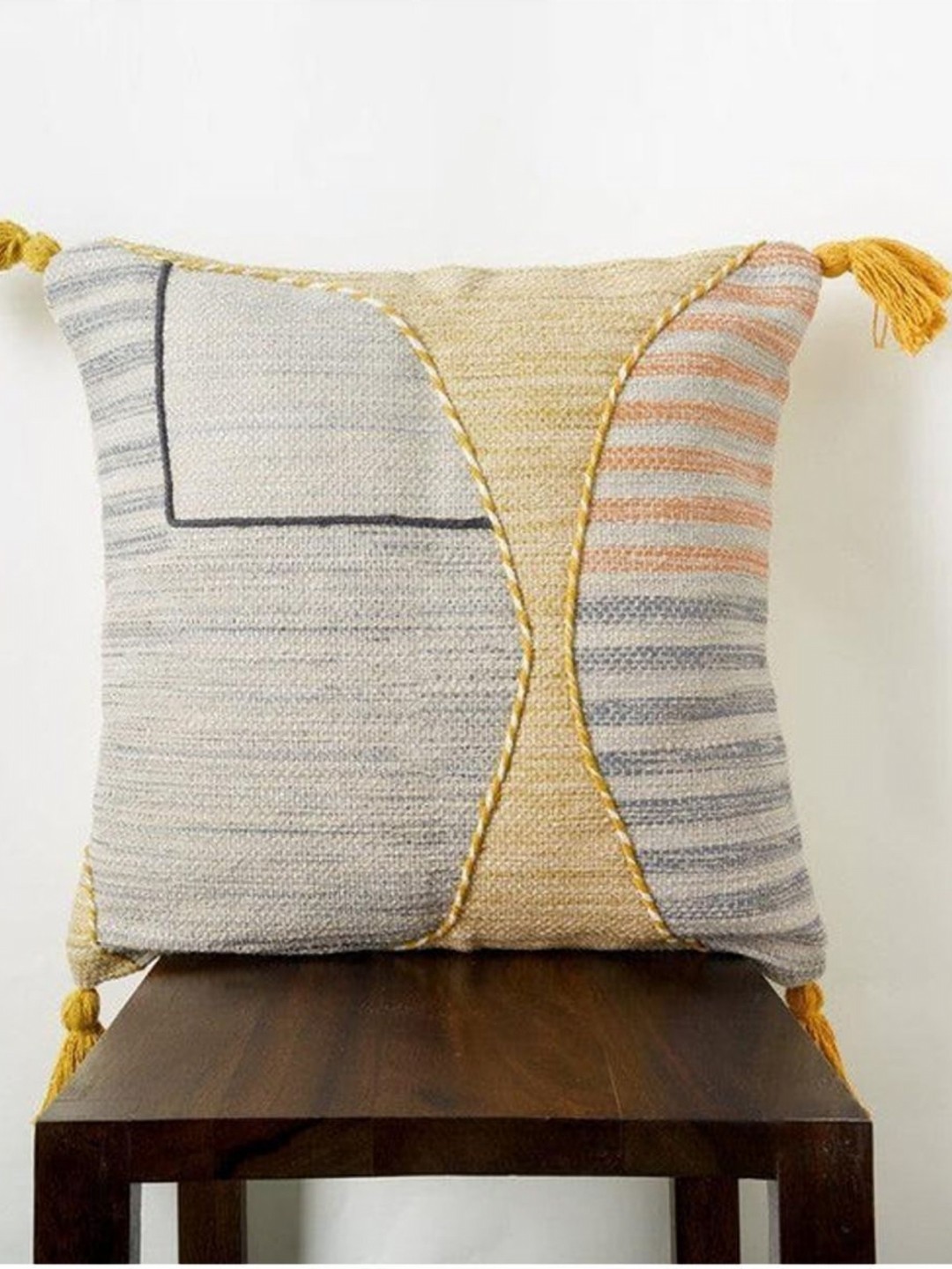 

Aura Beige & Grey Striped Embroidered Square Cushion Cover