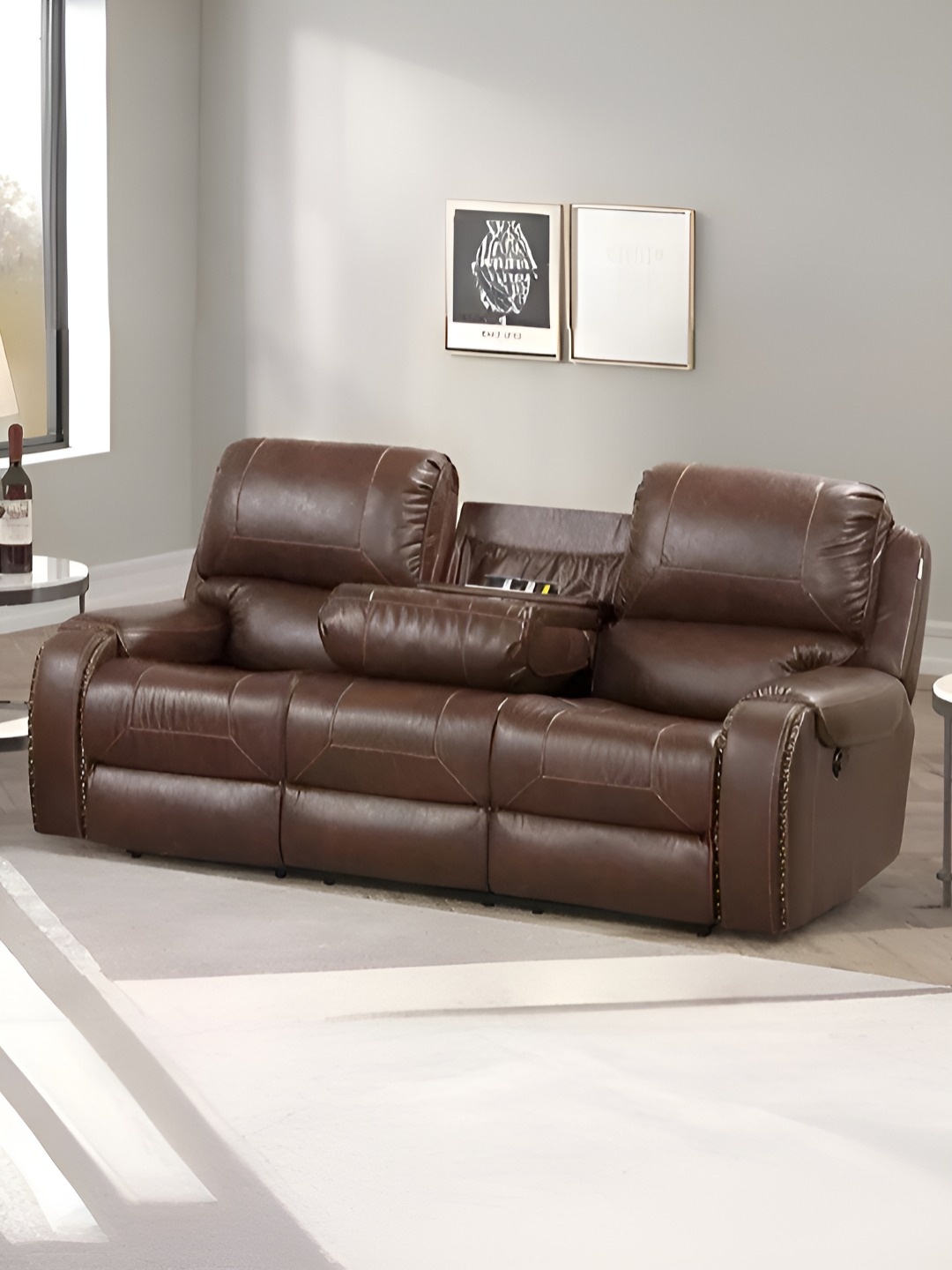 

Royaloak Brown New York American Leatherette Three-Seater Recliner With USB