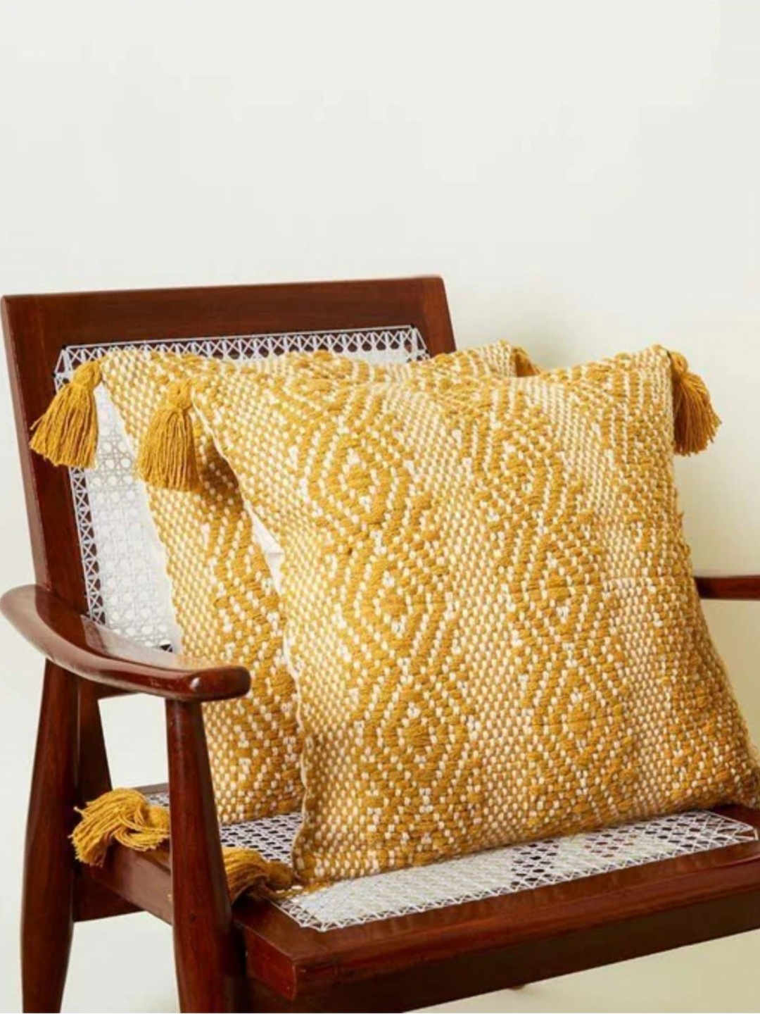 

Aura Yellow & Beige 2 Pieces Geometric Embroidered Cotton Square Cushion Covers