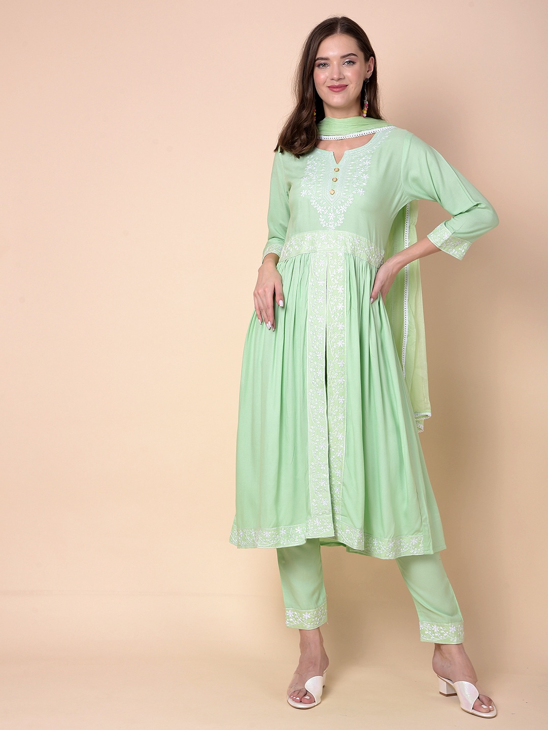 

Moda Rapido Floral Embroidered Notch-Neck A-Line Kurta With Trousers And Dupatta, Fluorescent green