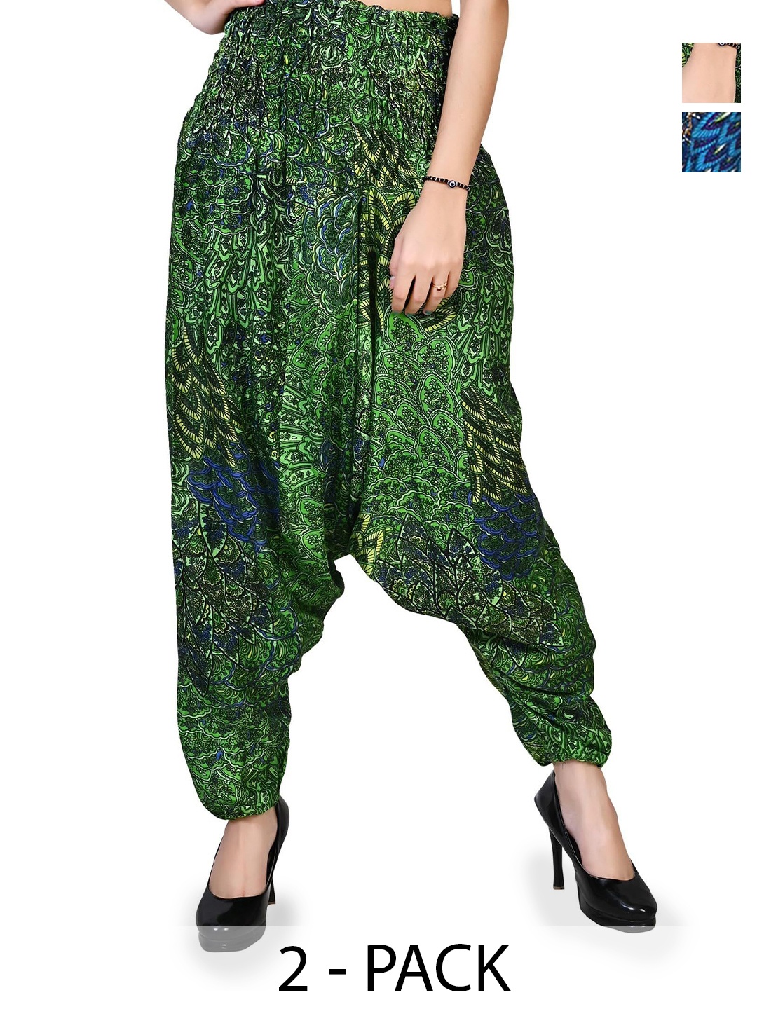 

NarNari Women Pack Of 2 Printed High Rise Harem Pants, Green