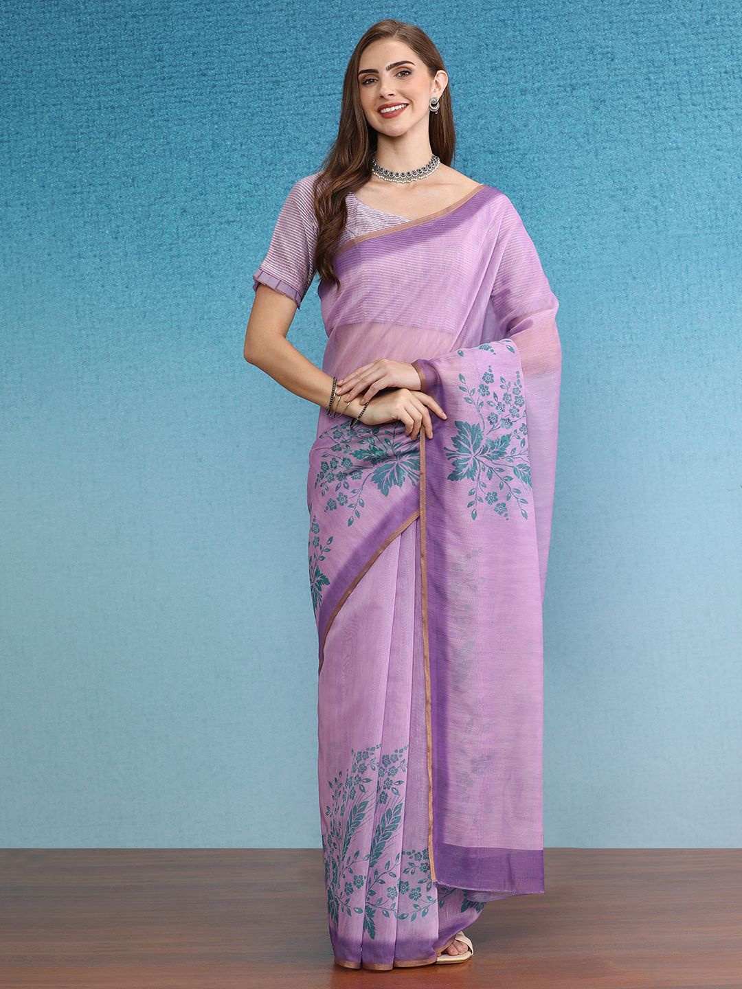 

DIVASTRI Floral Silk Cotton Bagru Saree, Purple