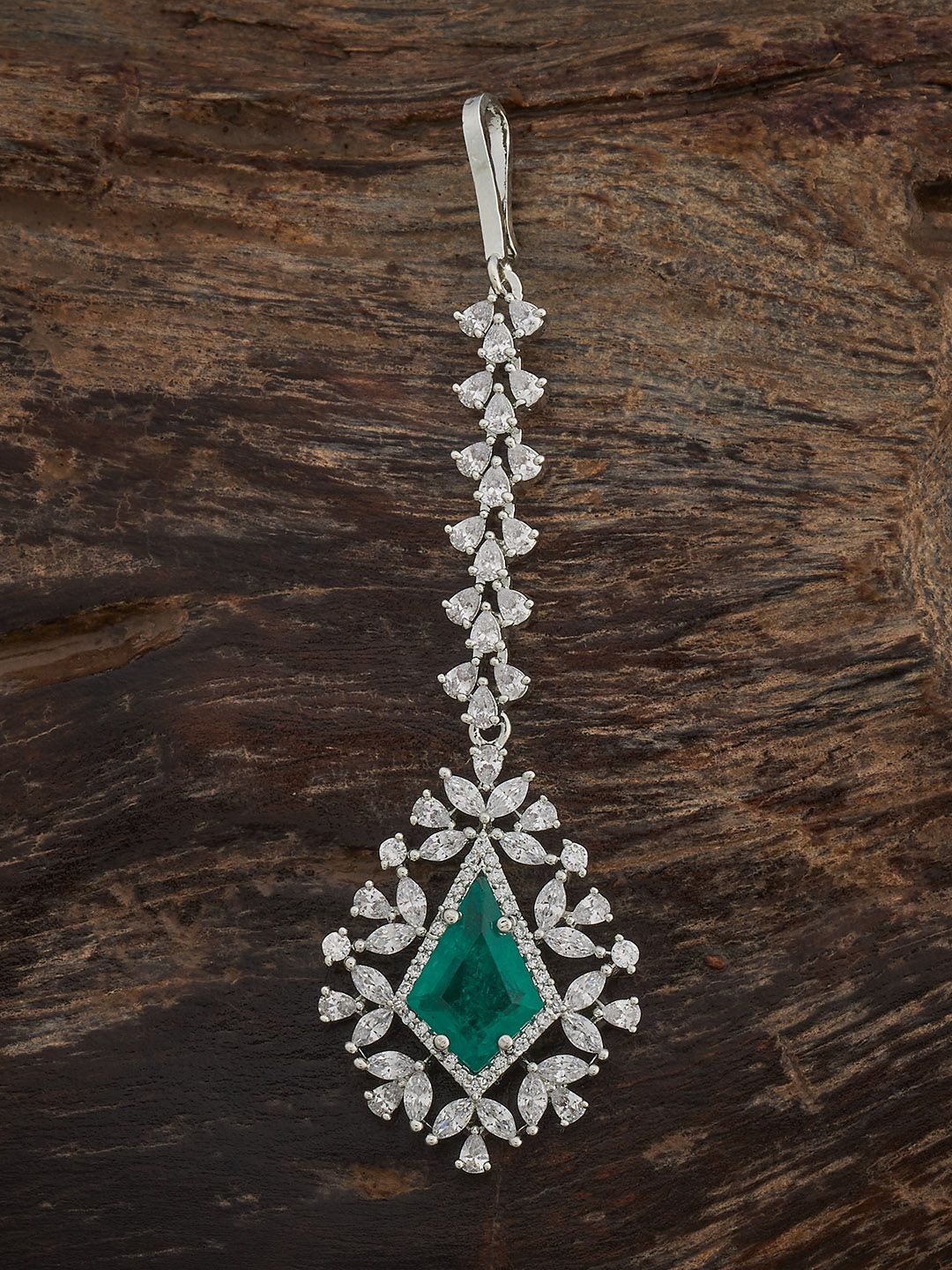 

Kushal's Fashion Jewellery Green Rhodium-Plated Cubic Zircon Maang Tikka Head Jewellery, Silver