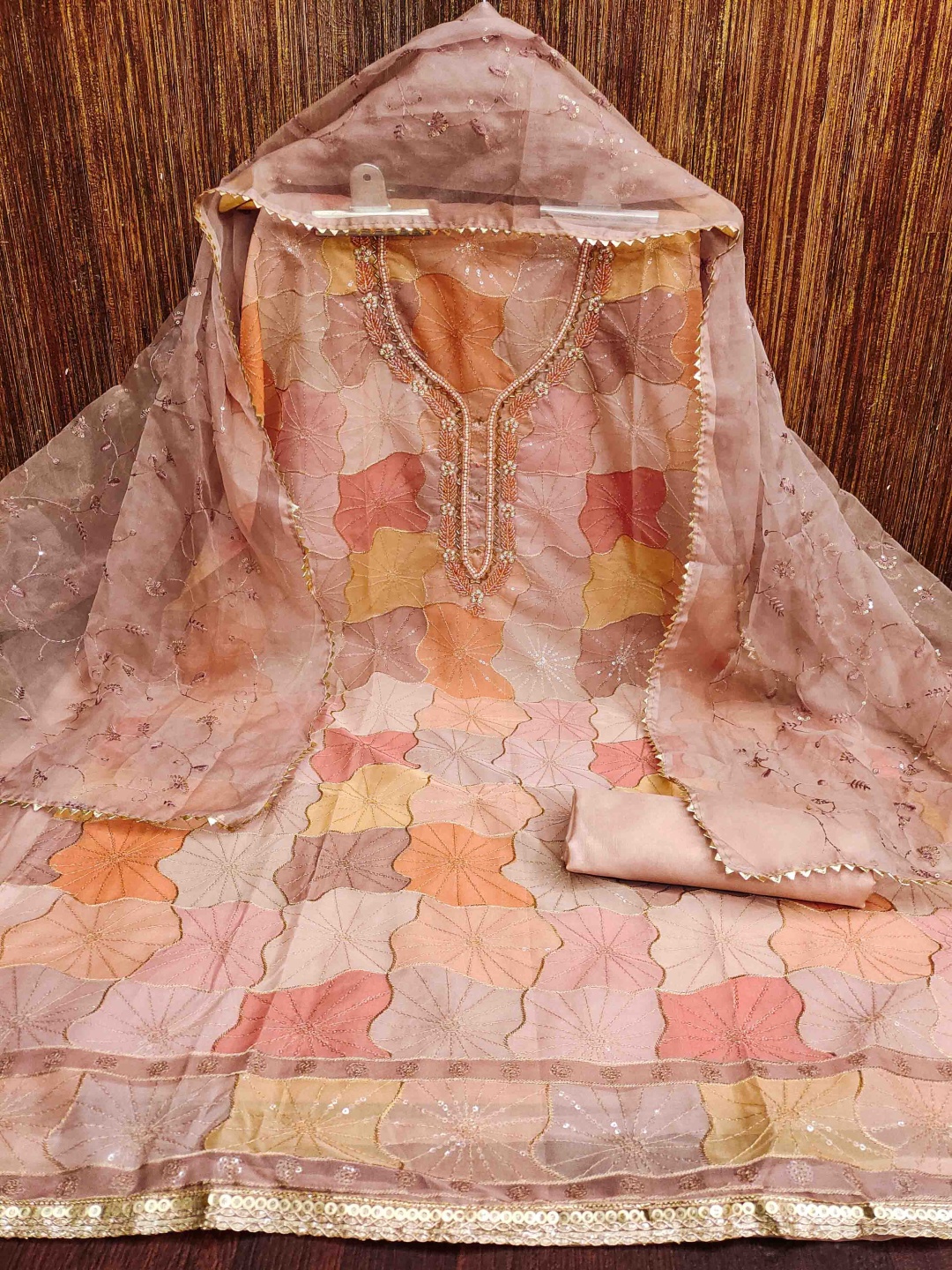 

KALINI Embellished Organza Unstitched Dress Material, Peach