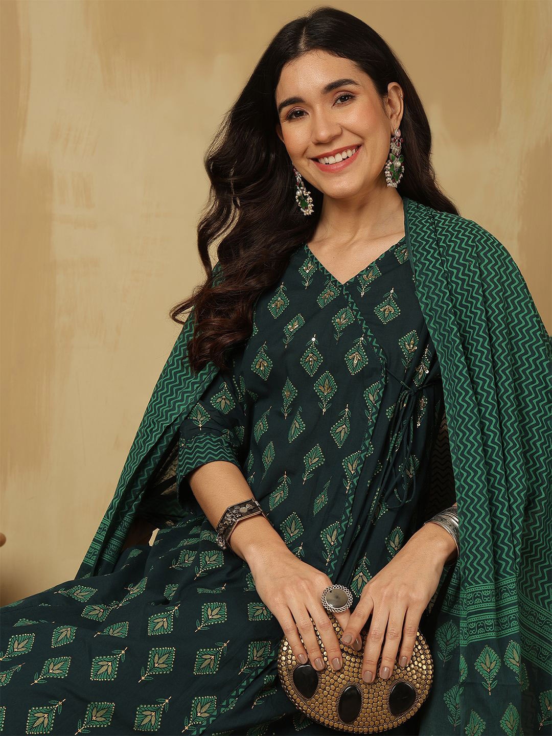 

Sangria Green Ethnic Motifs Printed Sequinned Pure Cotton Kurta With Palazzos And Dupatta