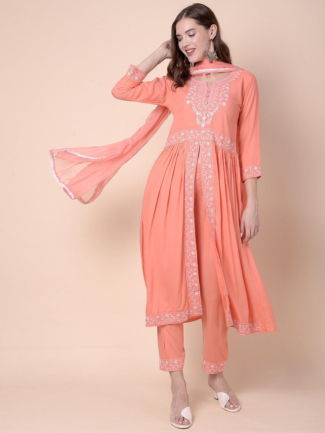 

Moda Rapido Floral Embroidered Notch-Neck A-Line Kurta With Trousers And Dupatta, Orange