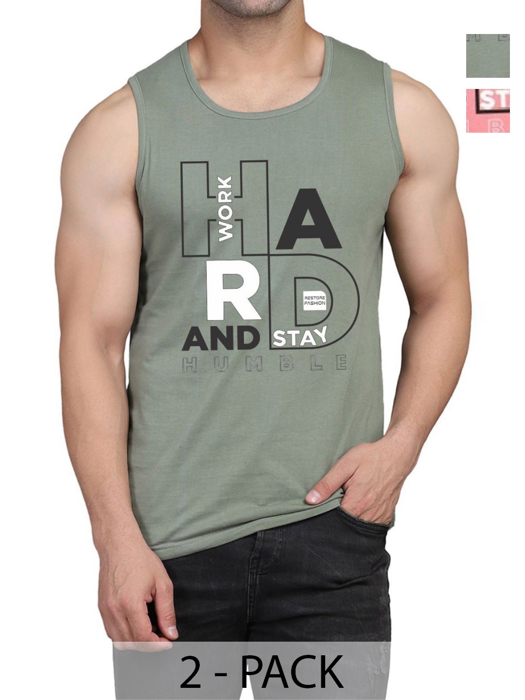 

WOOSTRO Men Pack Of 2 Typography Printed Round Neck Cotton Slim Fit T-shirts, Green