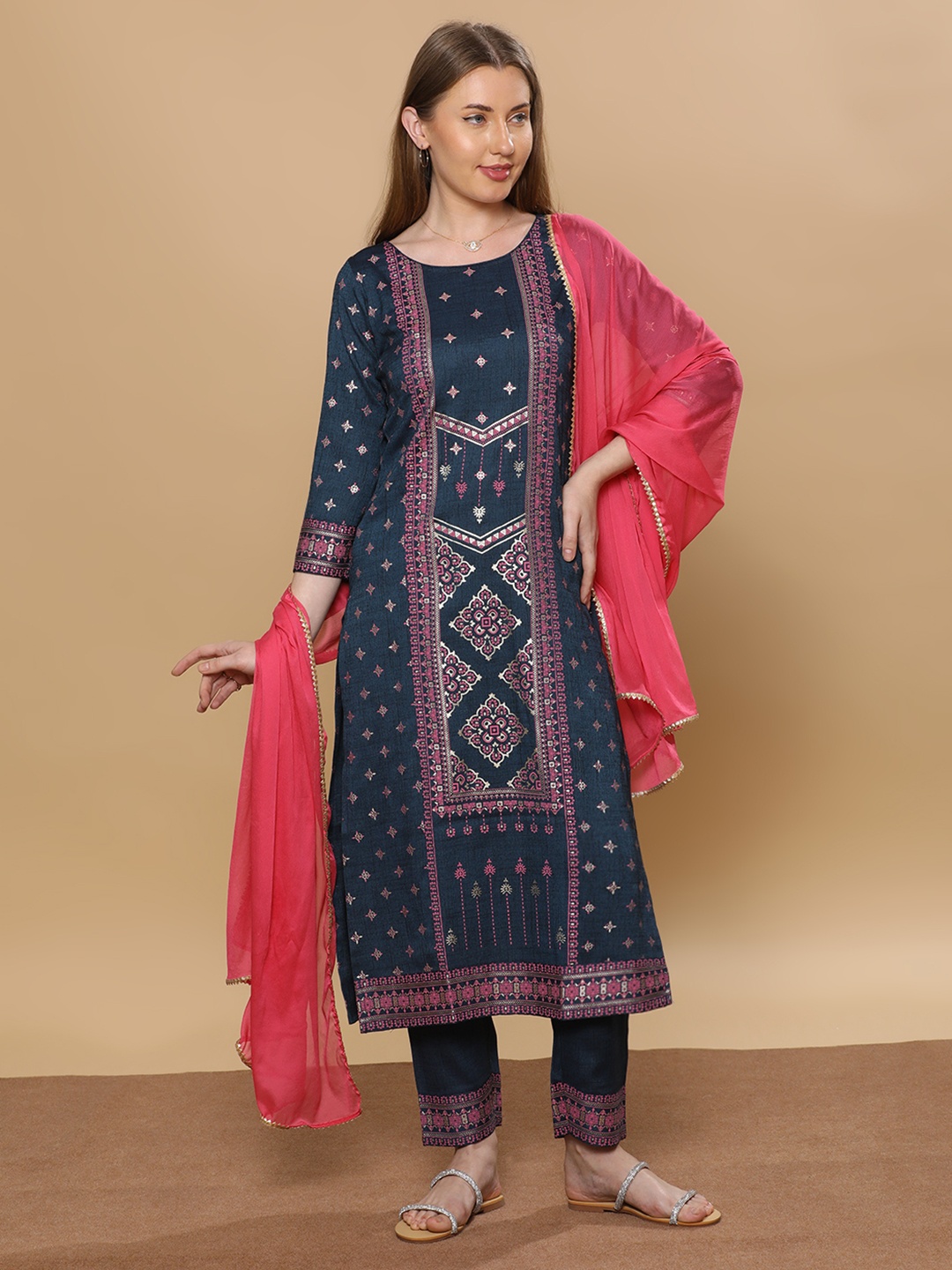 

DUMMY SHAPE Women Paisley Printed Panelled Kurta with Trousers & With Dupatta, Blue