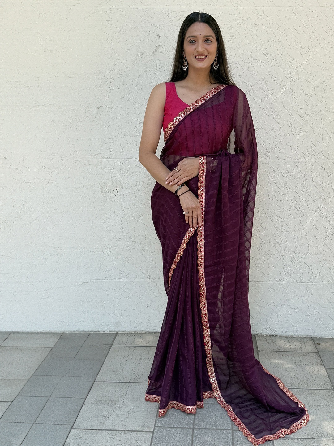 

Aika Striped Sequinned Pure Chiffon Saree, Purple