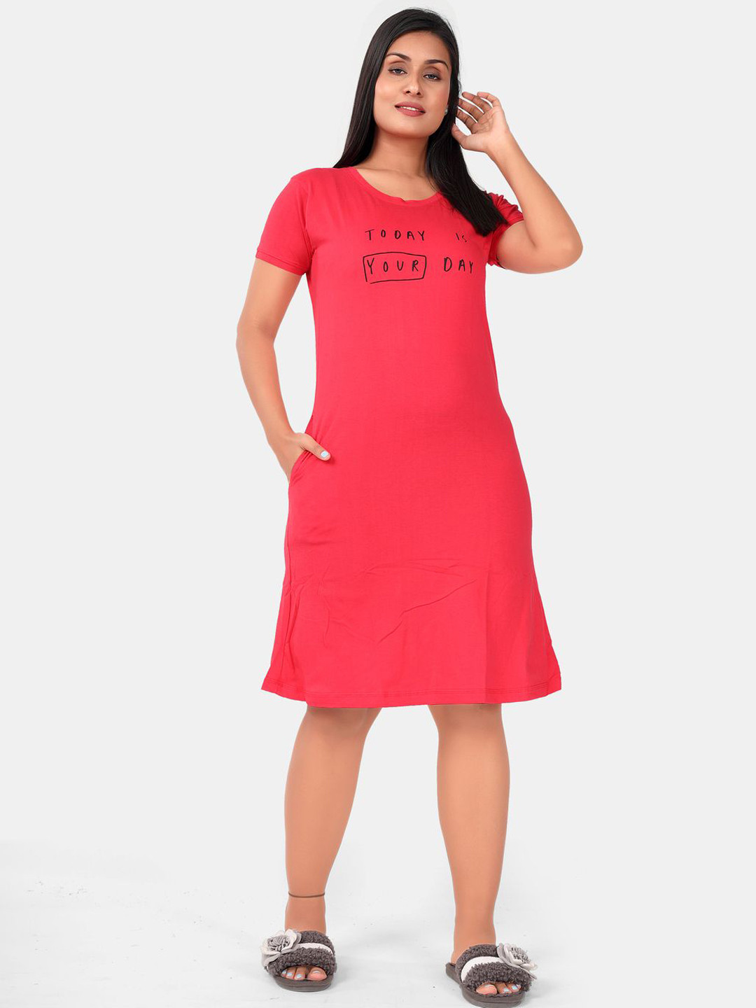 

SWEET MOON Typography Printed Round Neck Midi T-Shirt Nightdress, Red