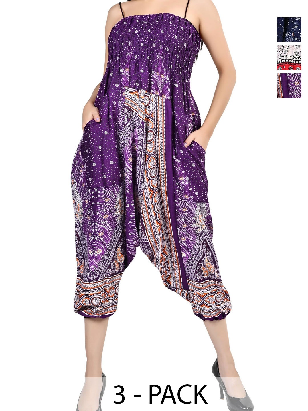 

NarNari Women Pack Of 3 Printed Mid-Rise Harem Pants, Purple