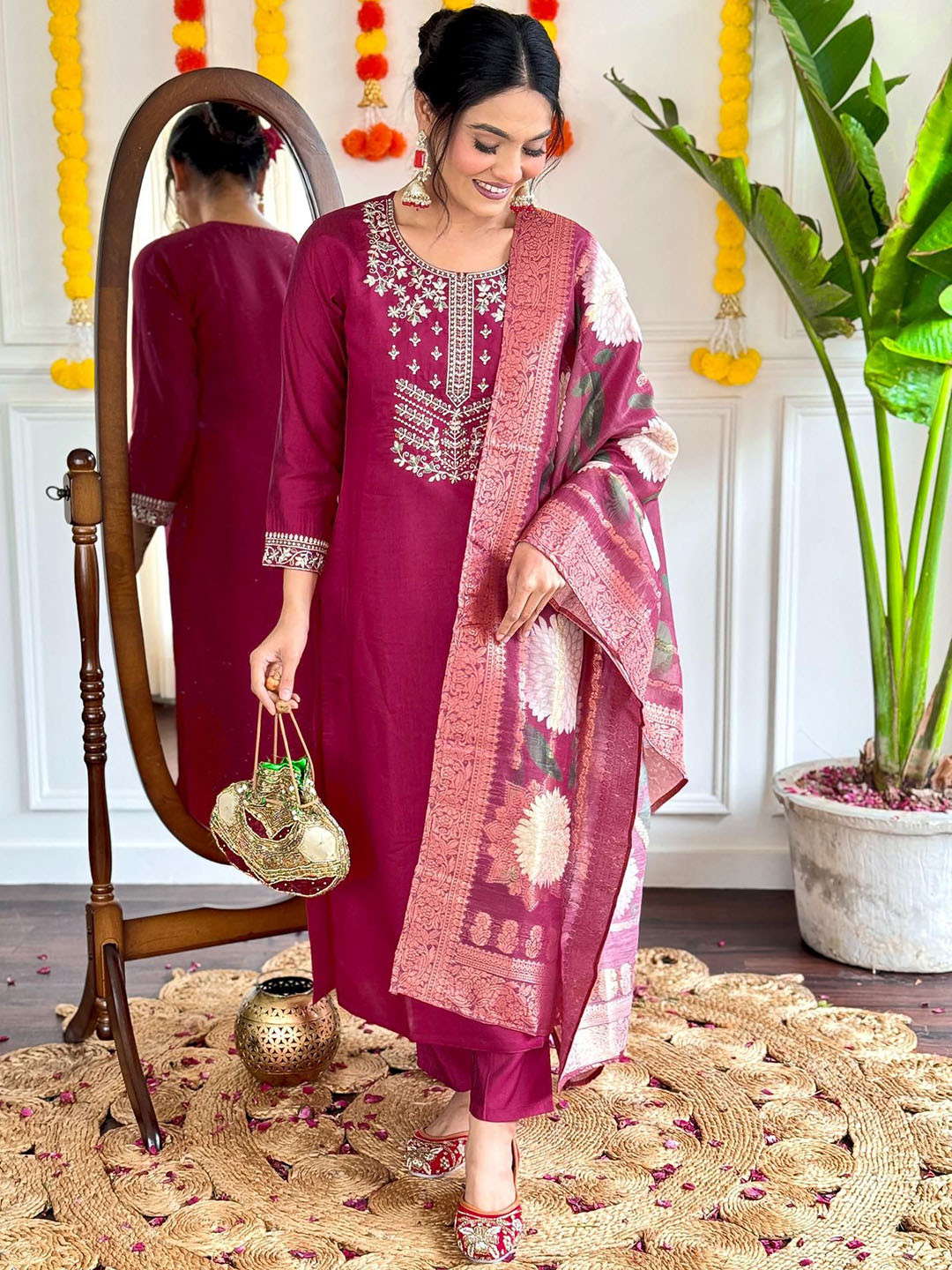 

Moda Rapido Women Floral Yoke Design Regular Sequinned Kurta with Trousers & With Dupatta, Maroon