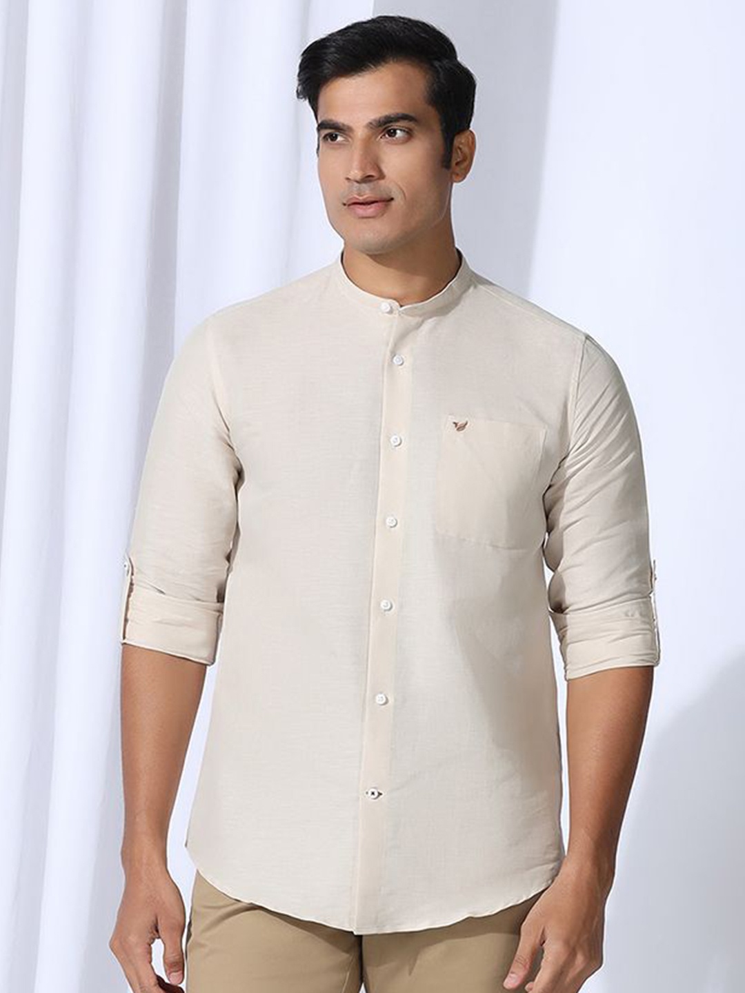 

Blackberrys Men India Slim Fit Band Collar Solid Linen Casual Shirt, Beige