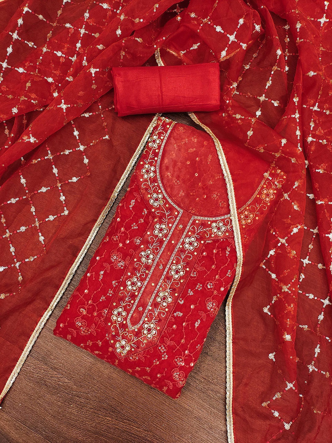 

KALINI Embroidered Organza Unstitched Dress Material, Red