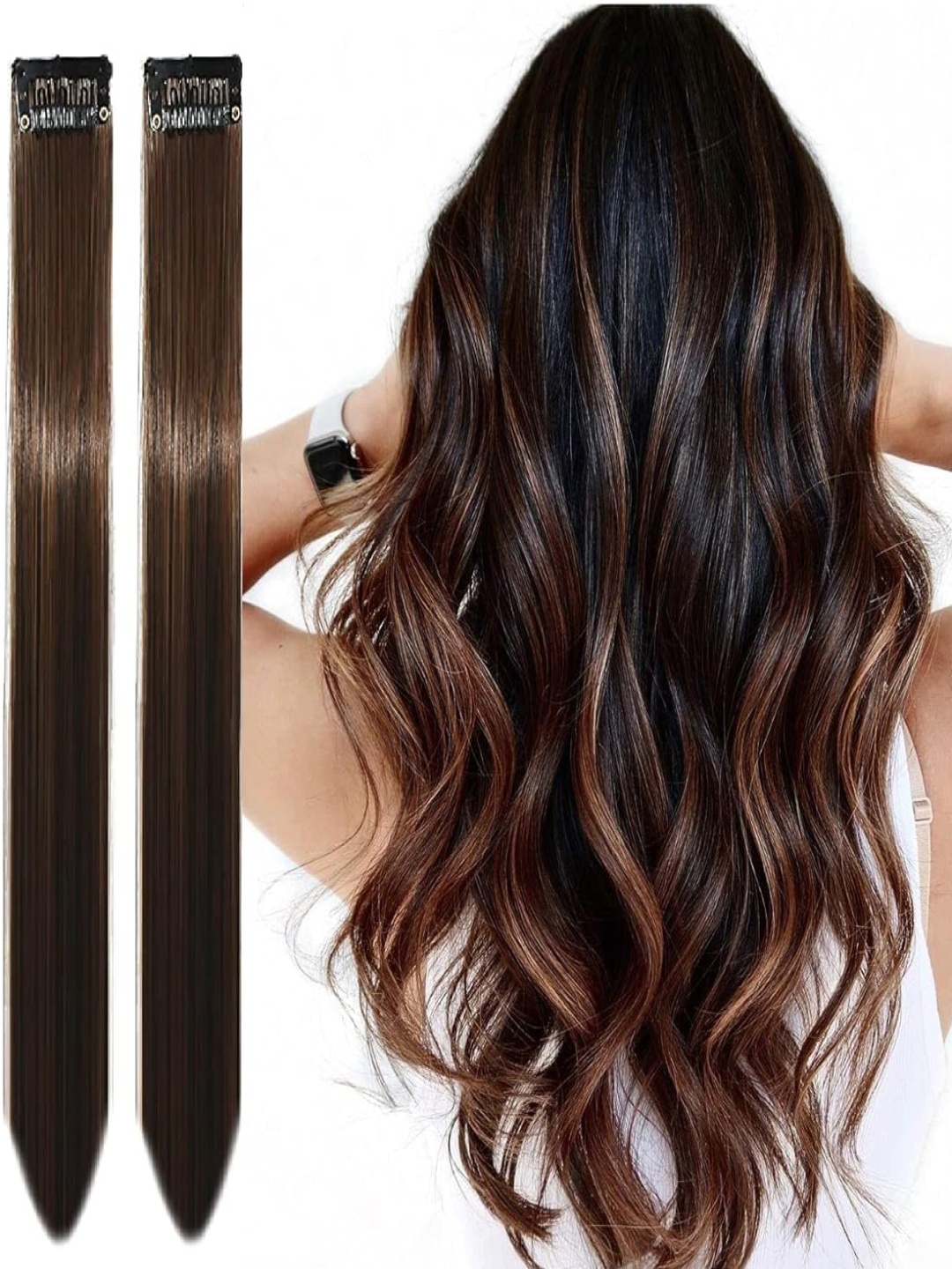 

RITZKART Set Of 2 Clip In Straight Colored Strand Hair Extension - Black - 20 Inch Each