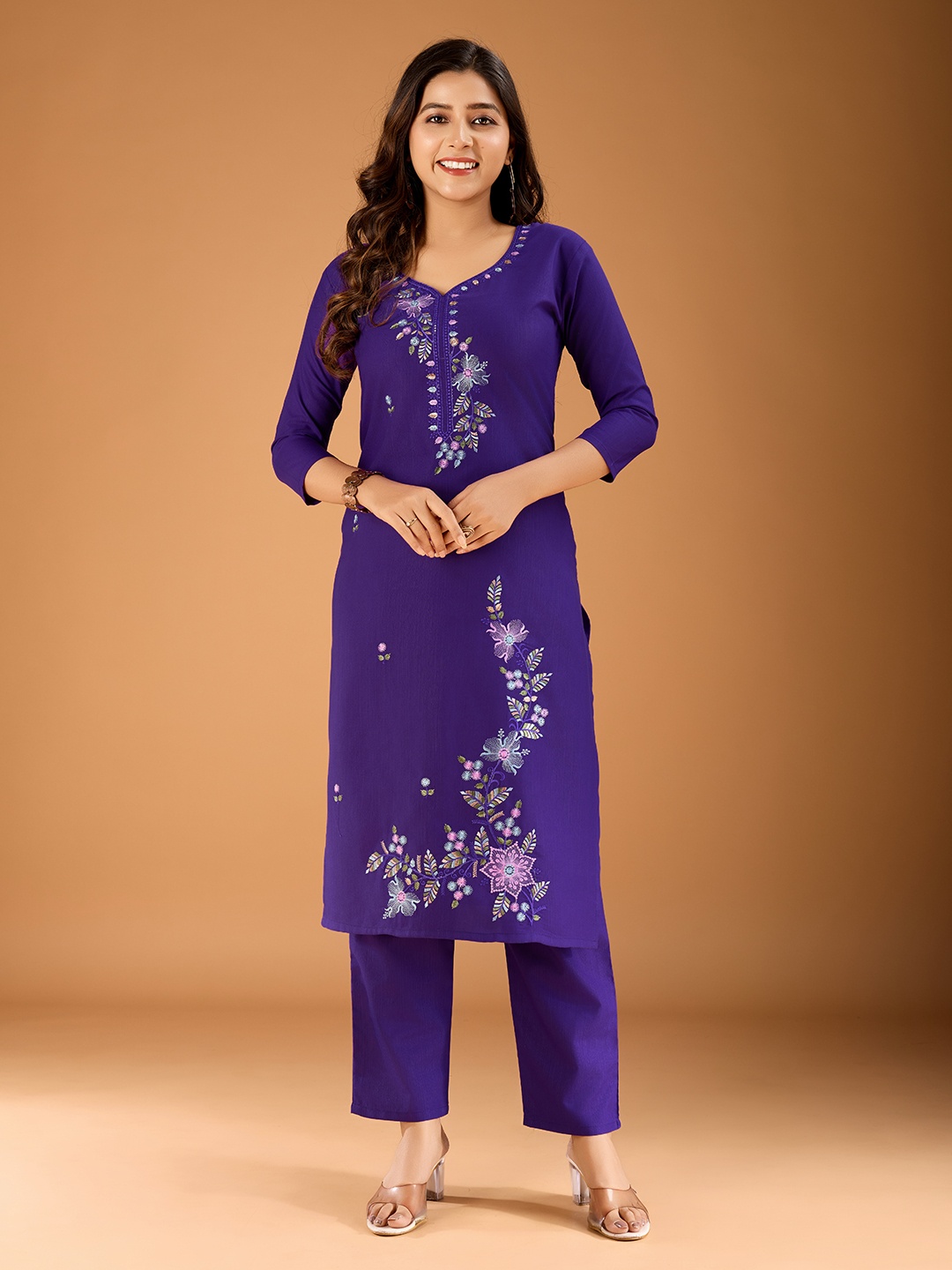 

Lerkiza Women Floral Embroidered Regular Thread Work Kurta with Trousers, Purple