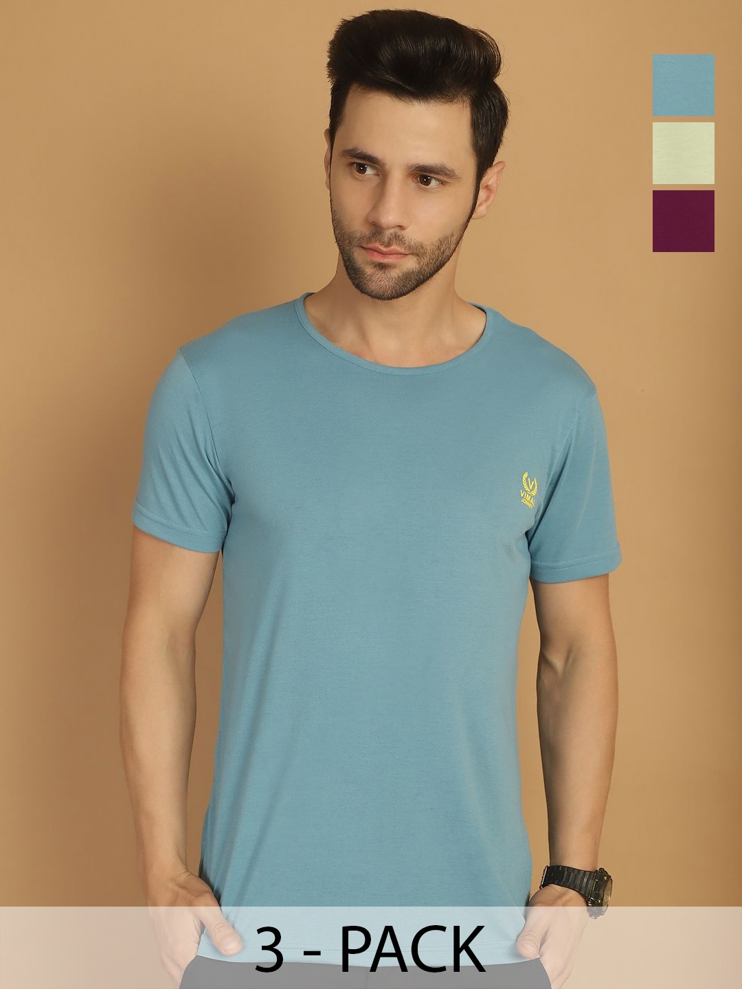 

VIMAL JONNEY Men Pack Of 3 Solid Round Neck Cotton T-shirts, Blue