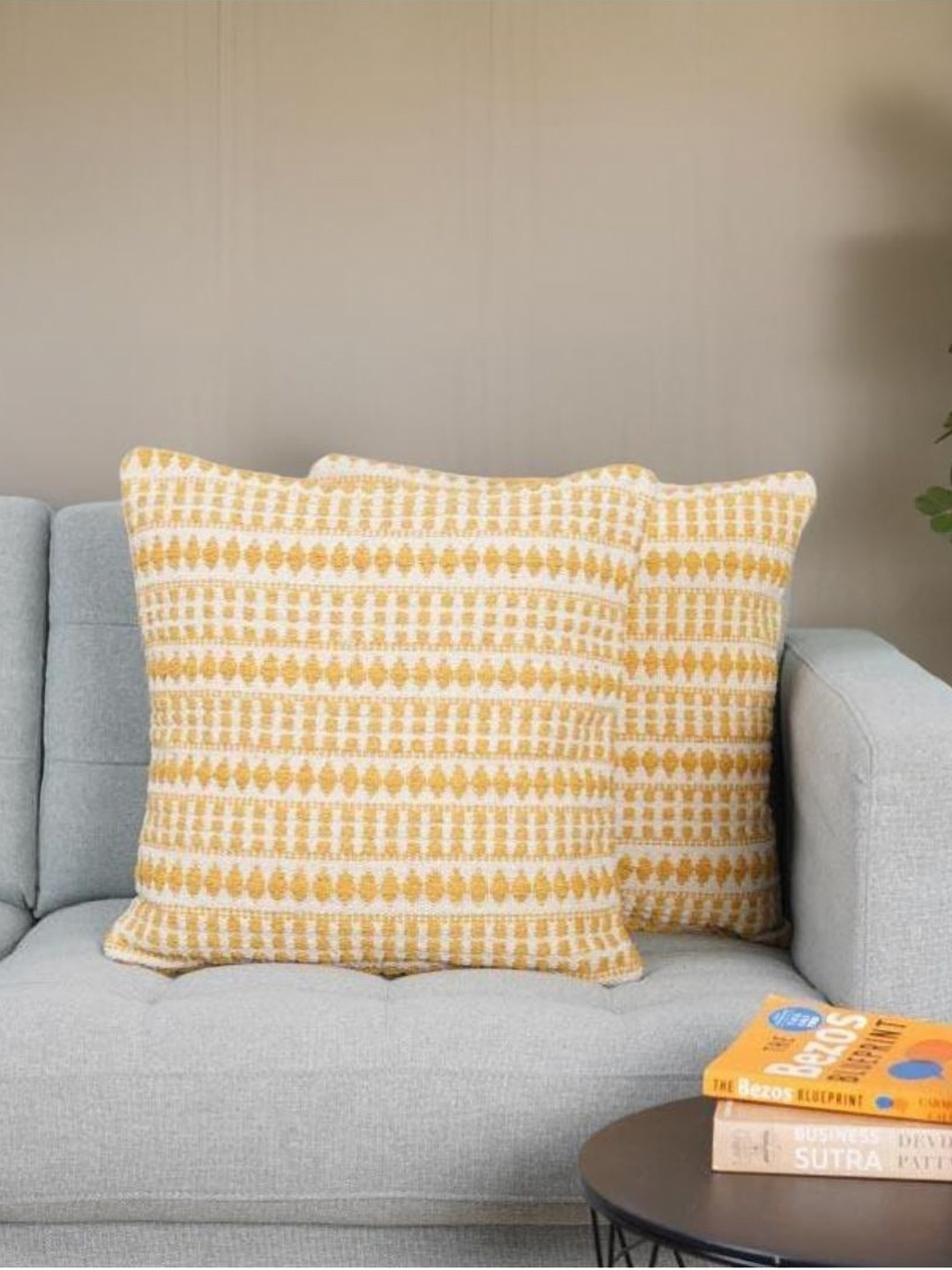 

Aura Yellow & Beige 2 Pieces Self Design Embroidered Cotton Square Cushion Covers