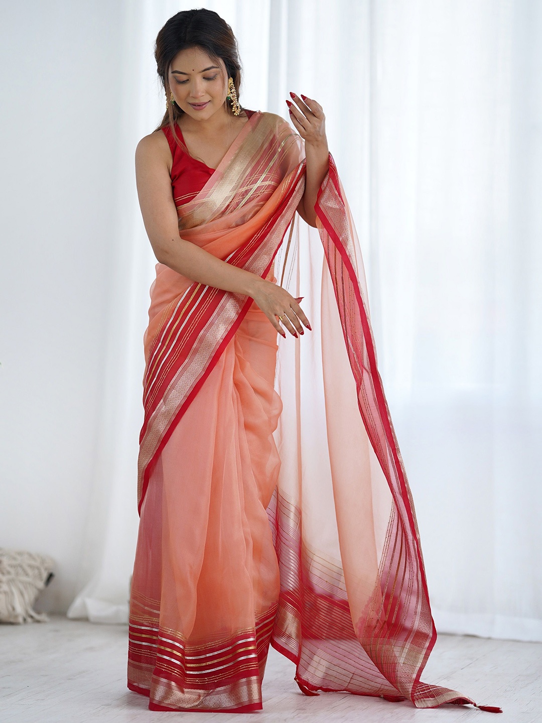

J.KANJI Zari Organza Saree, Peach