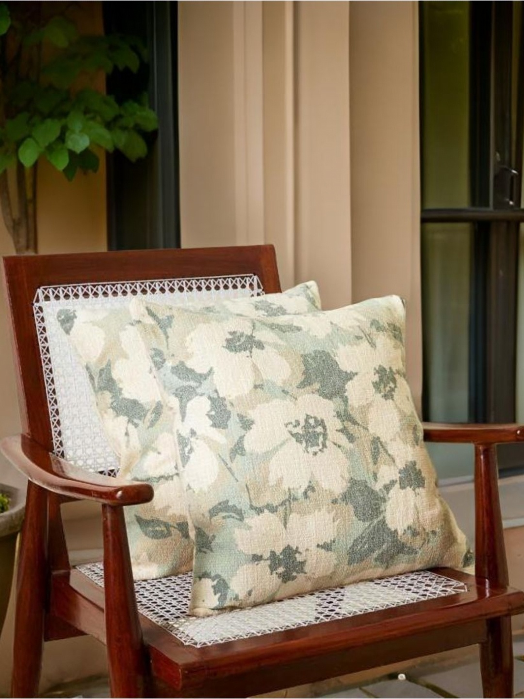 

Aura Beige And Green 2 Pieces Floral Square Cushion Covers