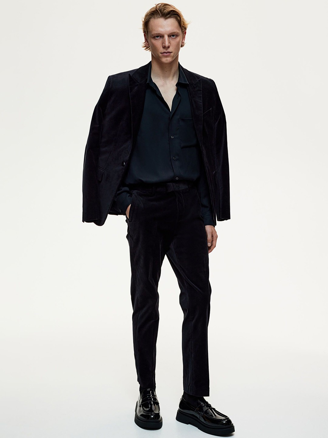 

H&M Slim Fit Cropped Velvet Trousers, Blue