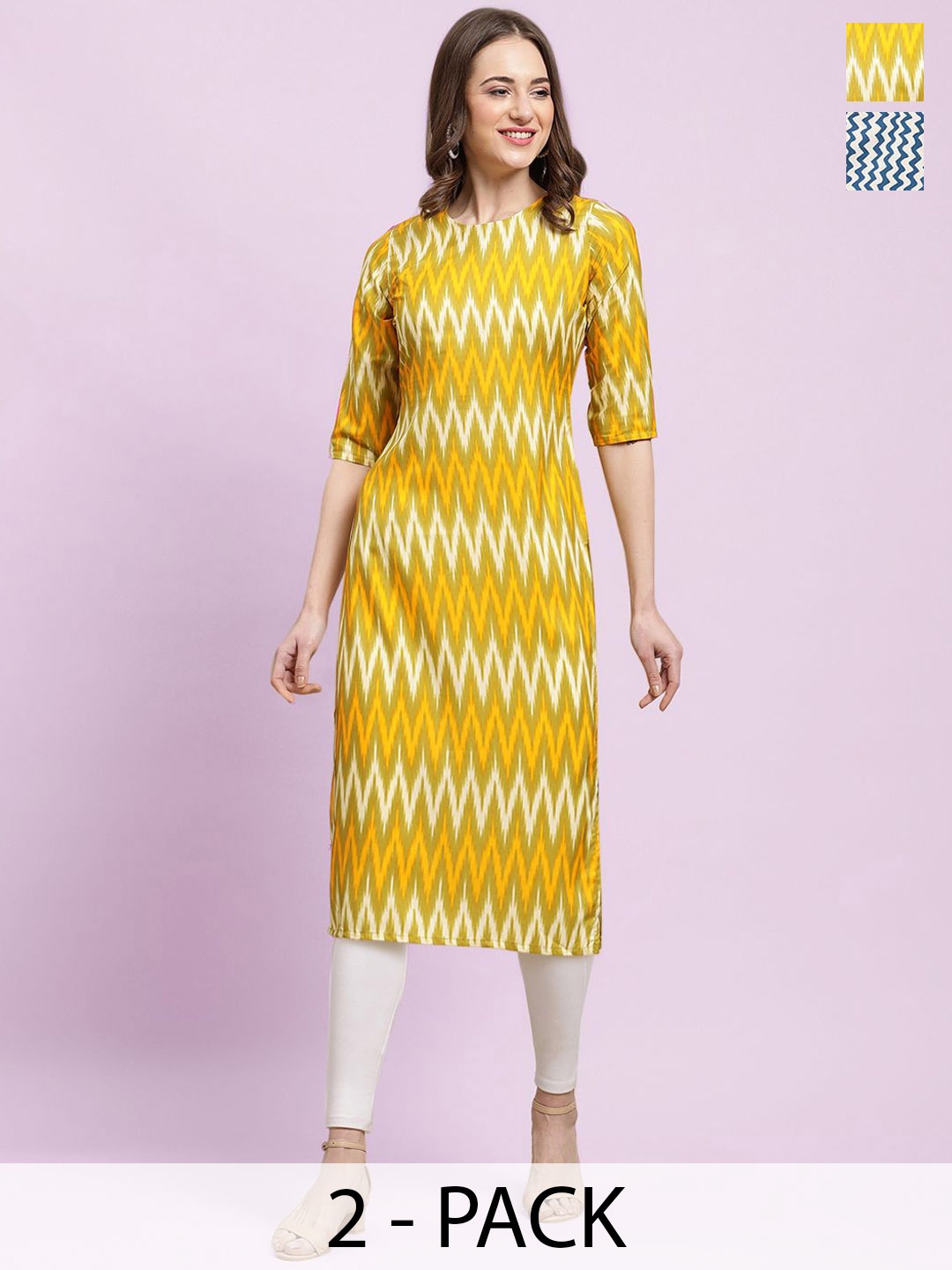 

Moda Rapido Red Selection of 2 Chevron Printed Straight Kurtas, Yellow