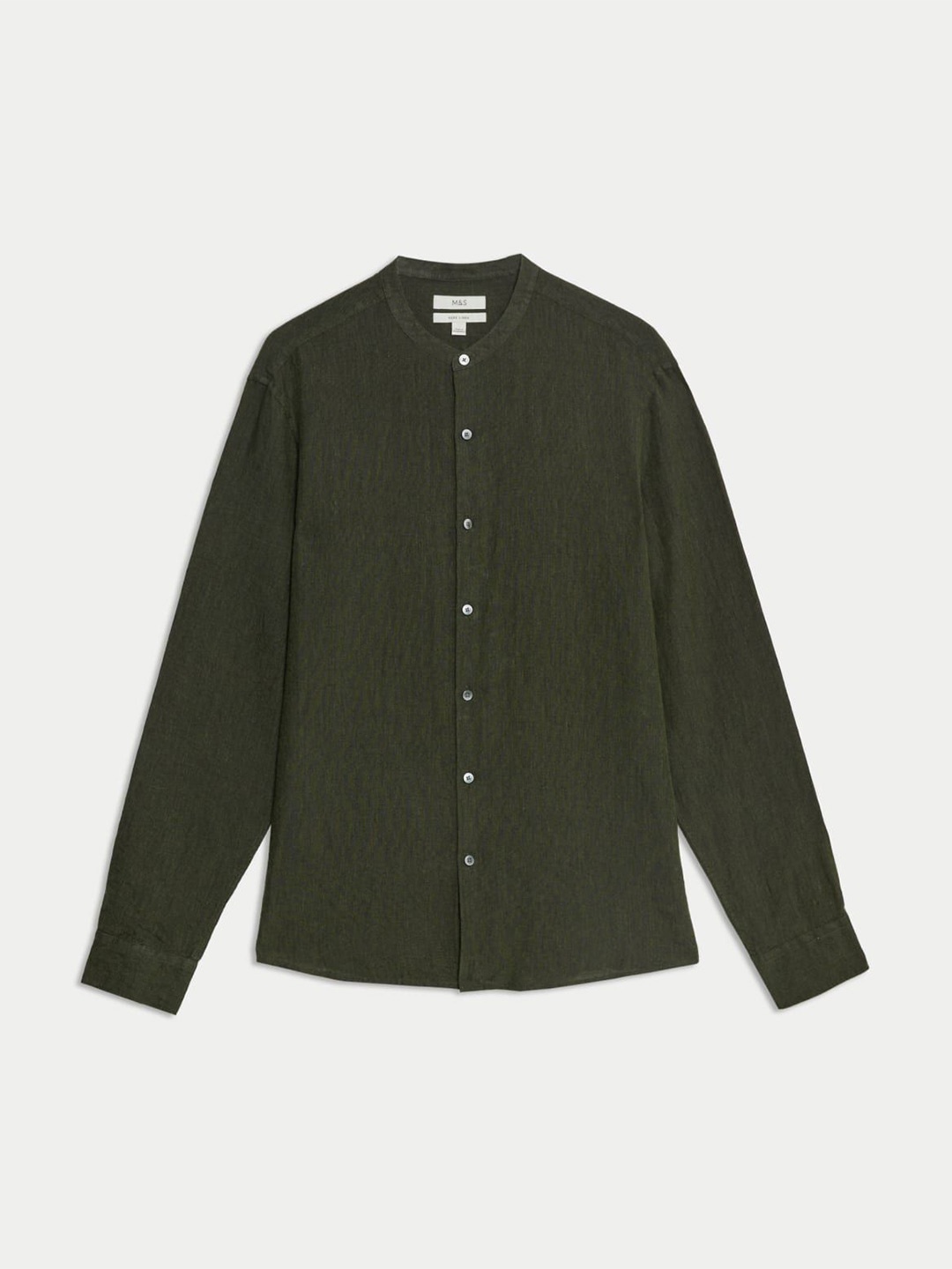 

Marks & Spencer Men Band Collar Solid Linen Casual Shirt, Olive