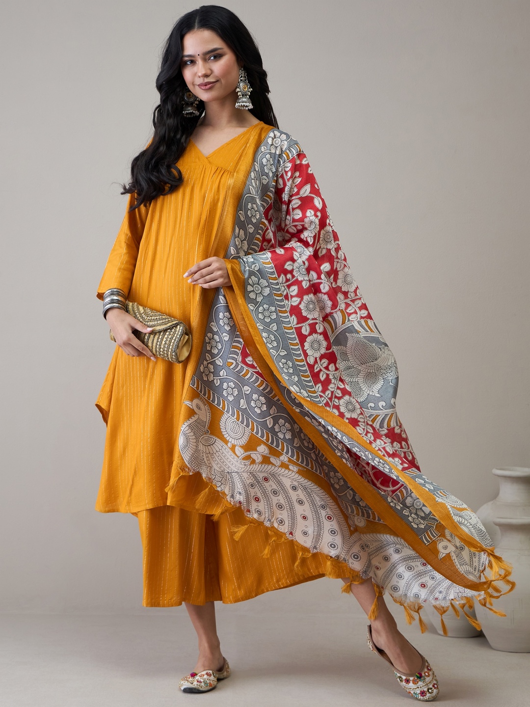 

InWeave Women Striped Empire Kurta with Palazzos & With Dupatta, Mustard