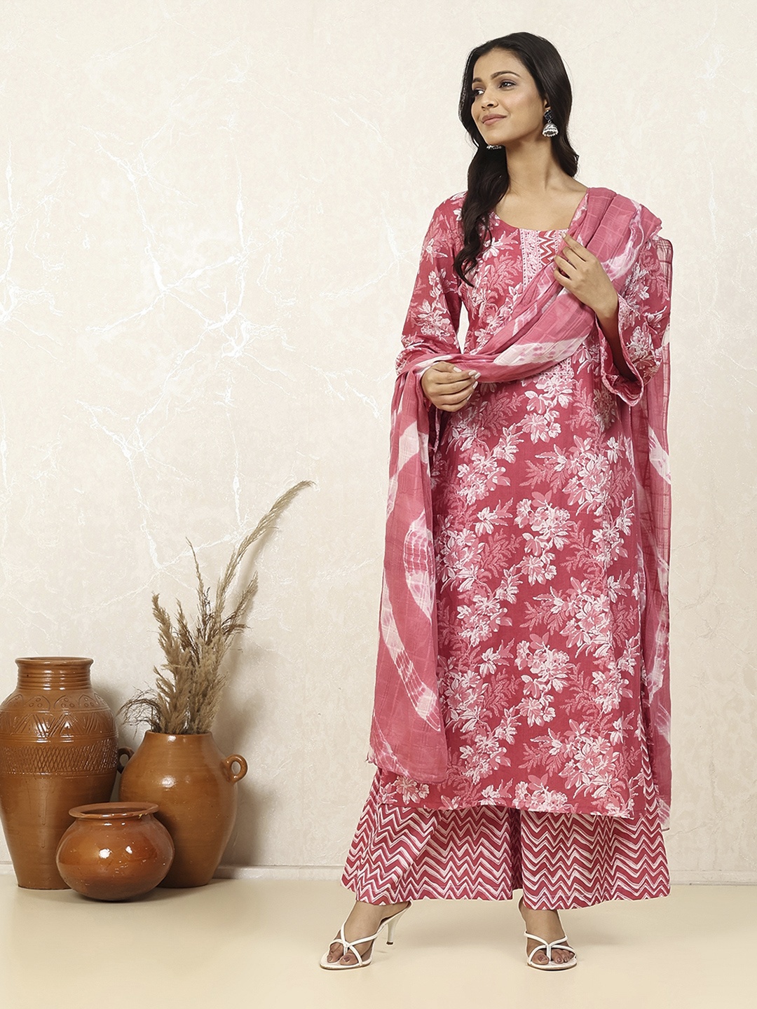 

Biba Ethnic Motifs Printed Pure Cotton Unstitched Dress Material, Pink