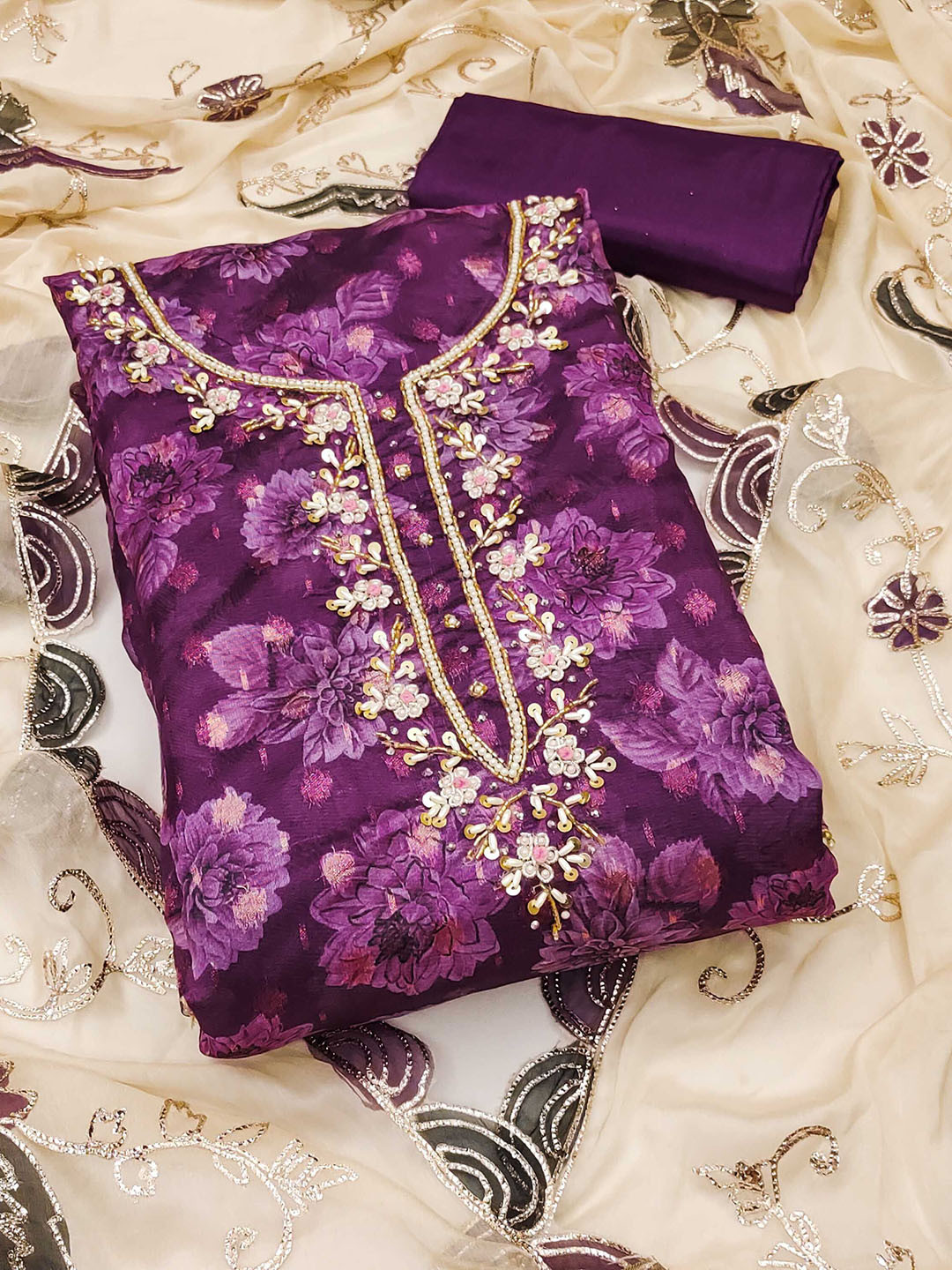 

KALINI Organza Unstitched Dress Material, Purple