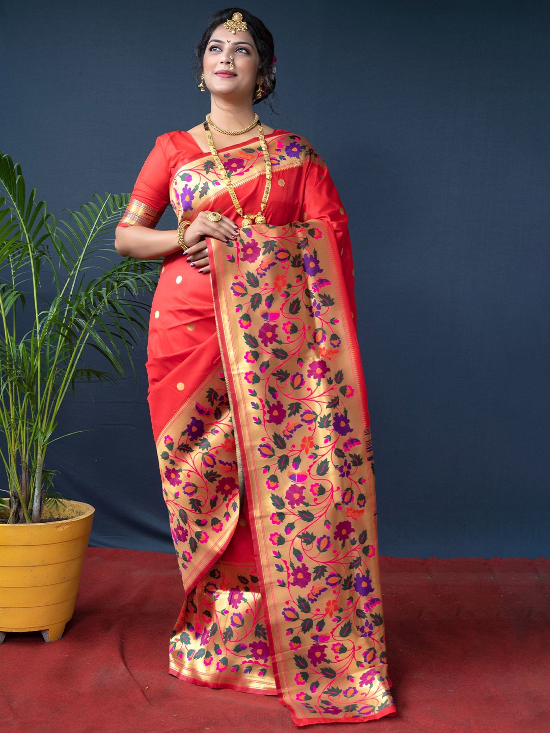

Kandora Woven Design Zari Pure Silk Paithani Saree, Red