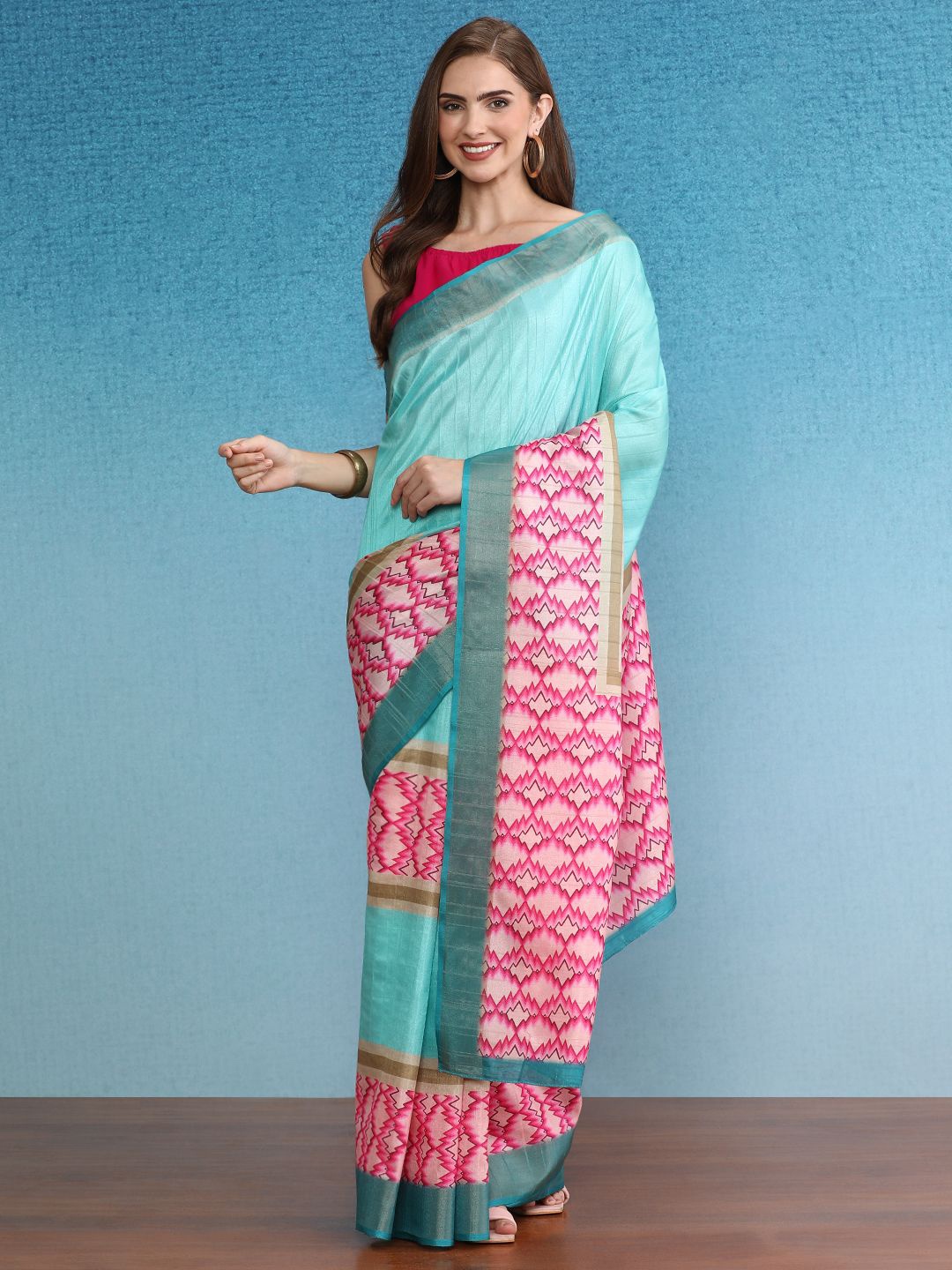 

DIVASTRI Zari Tissue Bagru Saree, Teal