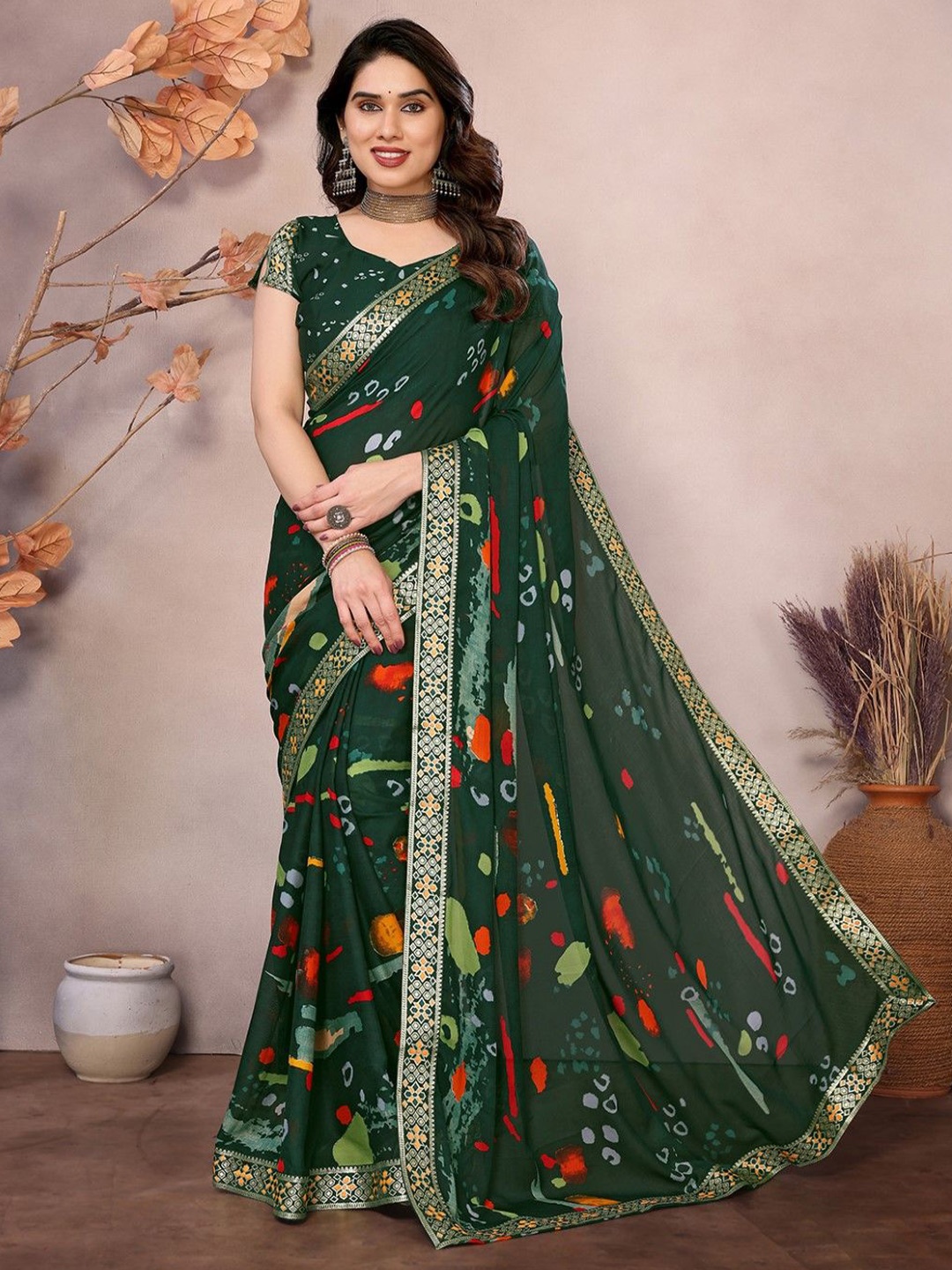 

KALINI Printed Bandhani Saree, Green