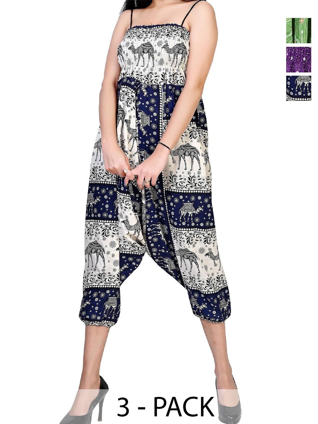 

NarNari Women Pack Of 3 Printed Mid-Rise Harem Pants, Blue