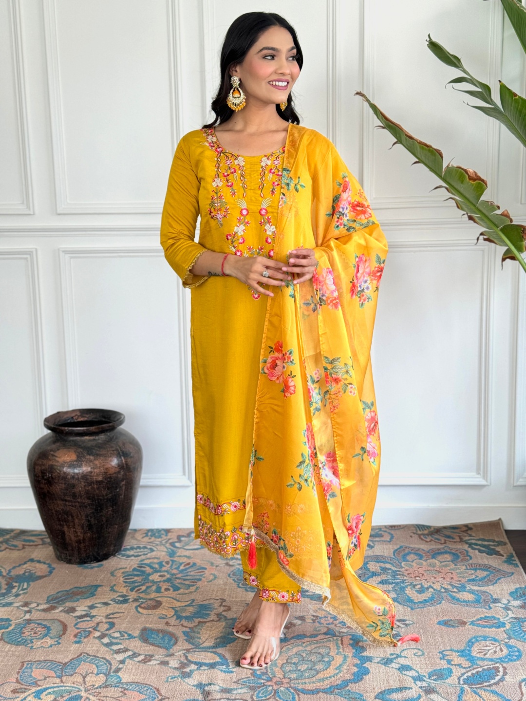 

Moda Rapido Women Floral Embroidered Regular Thread Work Chanderi Silk Kurta with Trousers & With Dupatta, Yellow