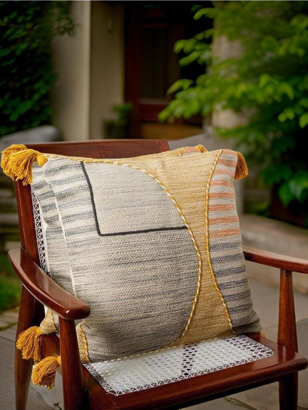 

Aura Grey And Yellow 2 Pieces Striped Textured Square Cushion Covers