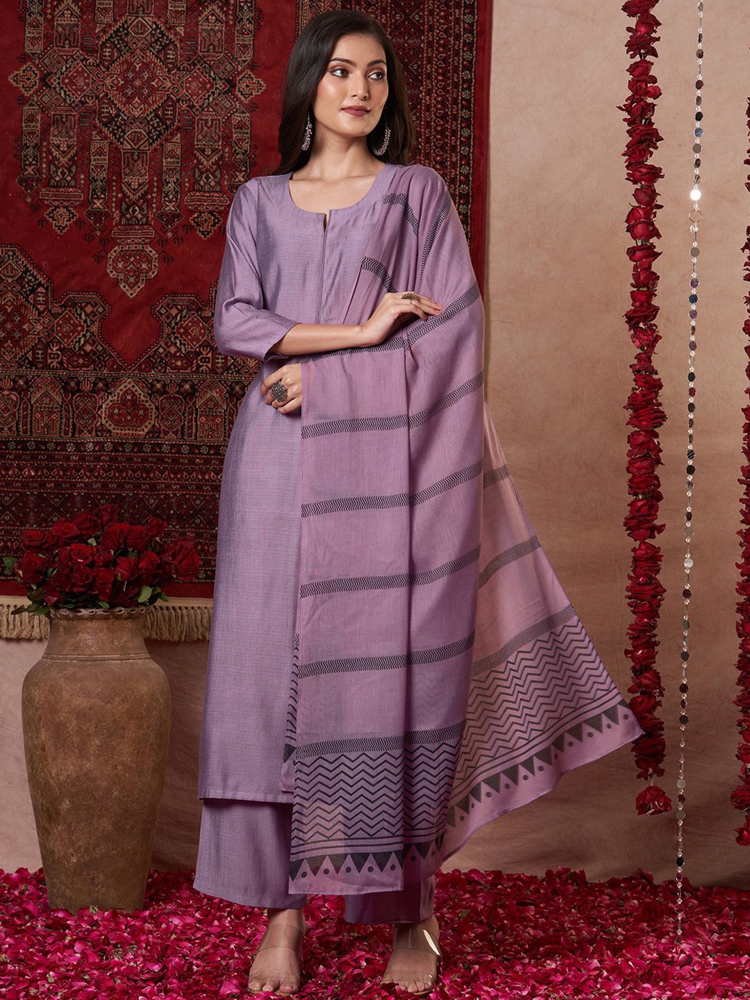 

GoSriKi Raja Saab Notch Neck Straight Kurta With Palazzos & Dupatta, Purple