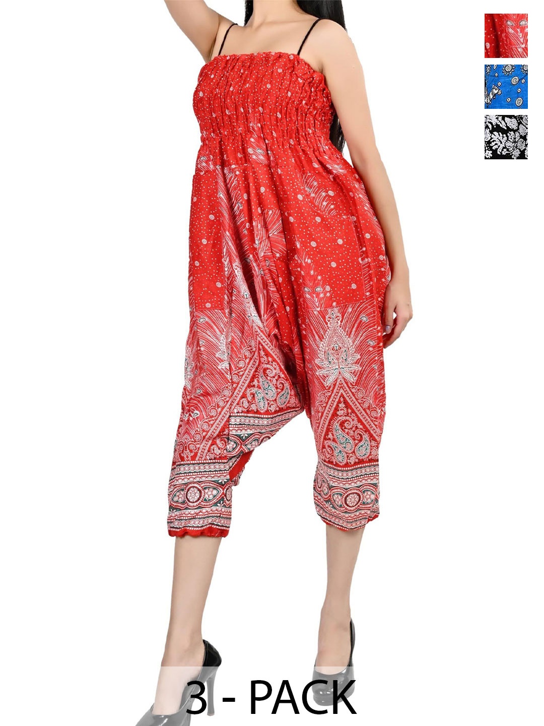 

NarNari Women Pack Of 3Ethnic Motifs Printed Mid-Rise Loose Fit Harem Pants, Red