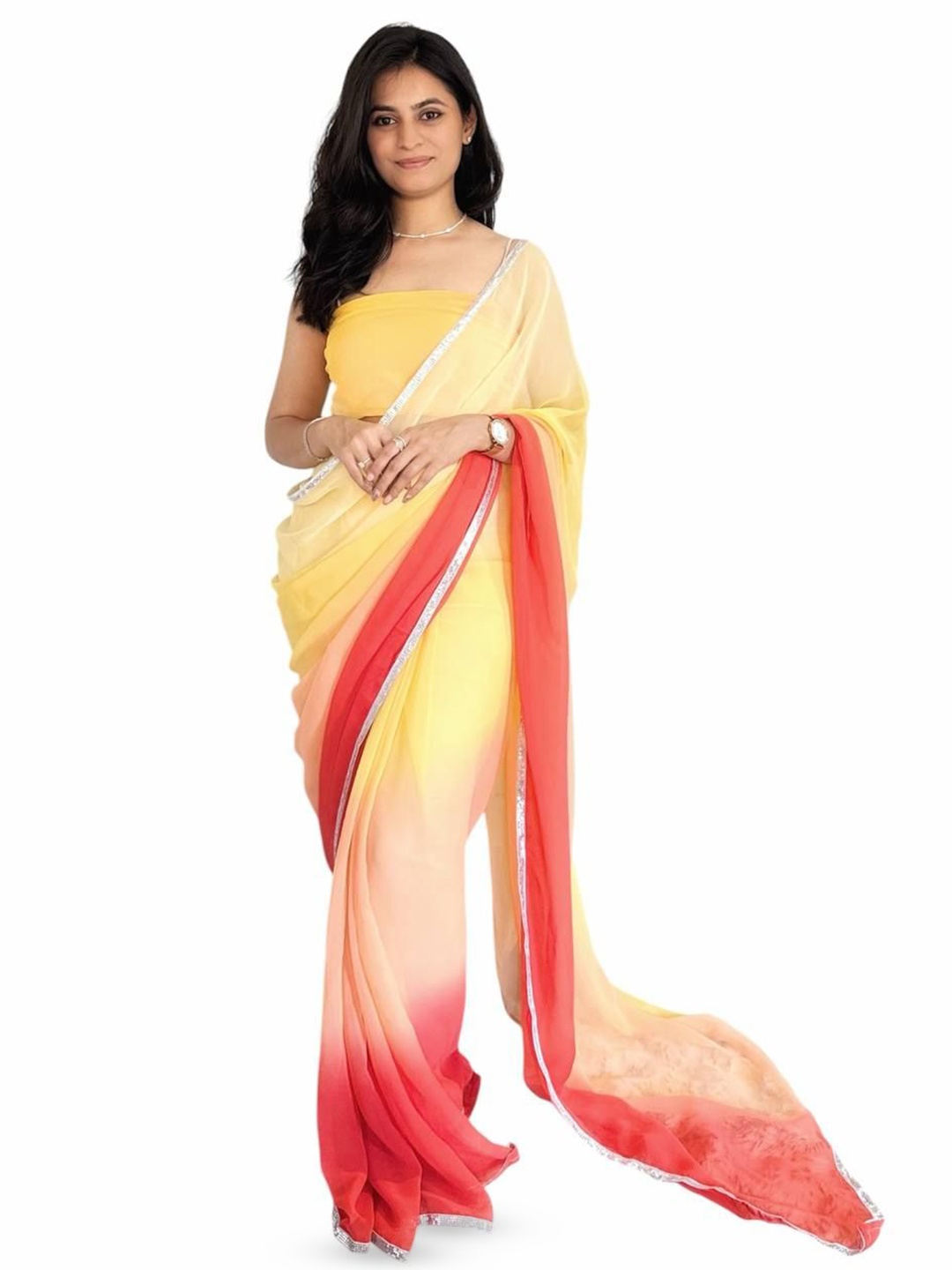 

HMP Fashion Ombre Sequinned Poly Georgette Ready to Wear Saree, Yellow