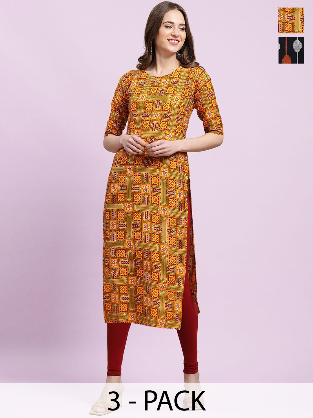 

Moda Rapido Yellow Selection Of 2 Ethnic Motifs Printed Straight Kurta