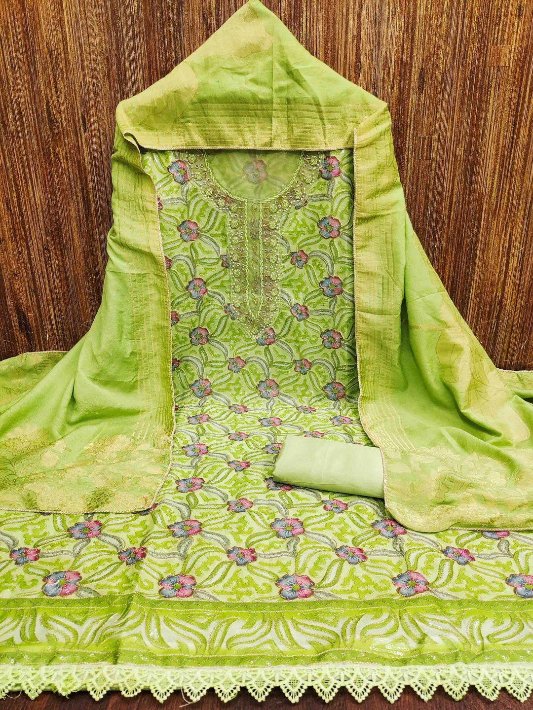 

KALINI Embellished Organza Unstitched Dress Material, Green