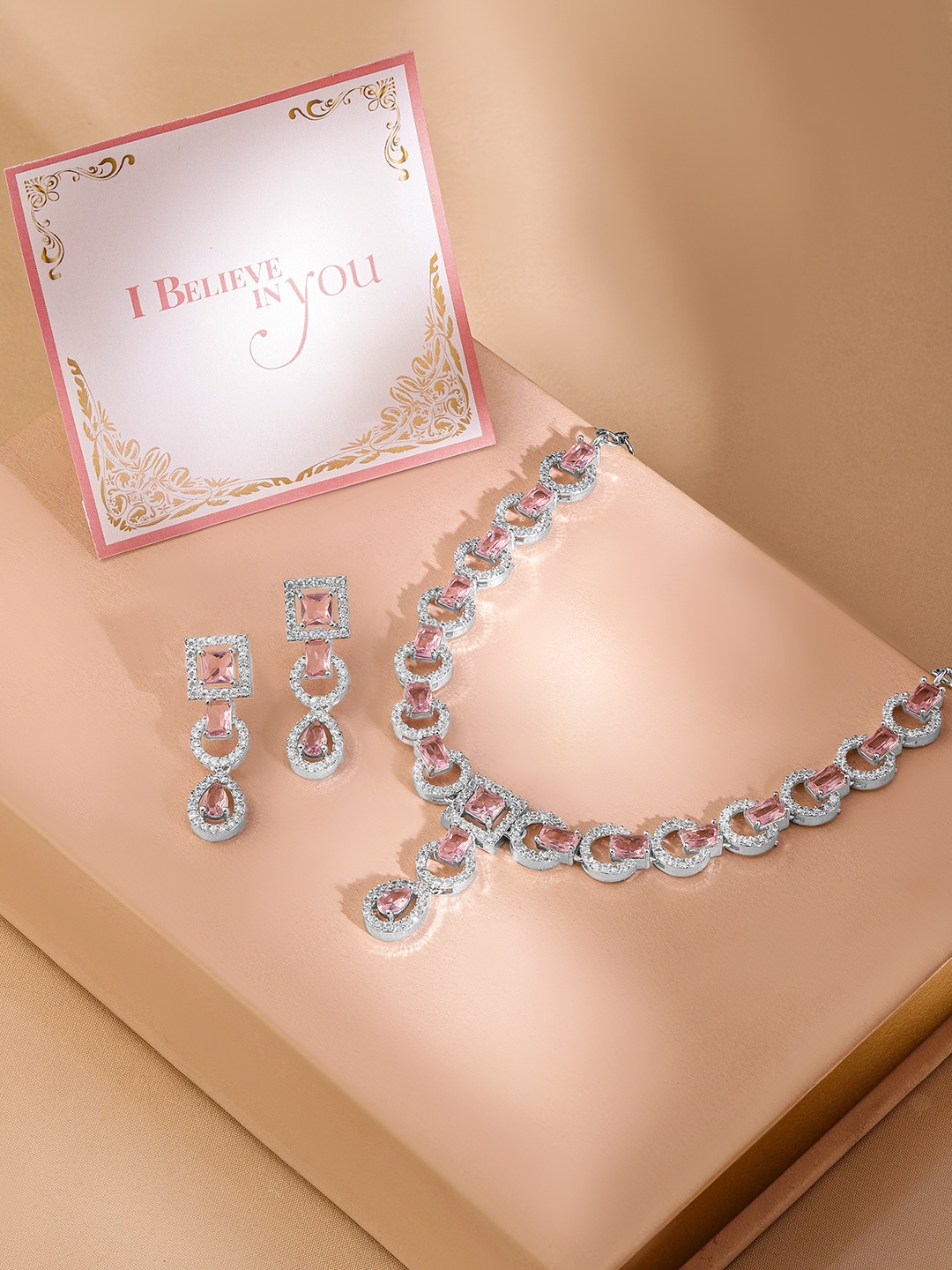 

Rubans Valentine's Rhodium-Plated Pastel Pink & Teardrop CZ Jewellery Set, Silver