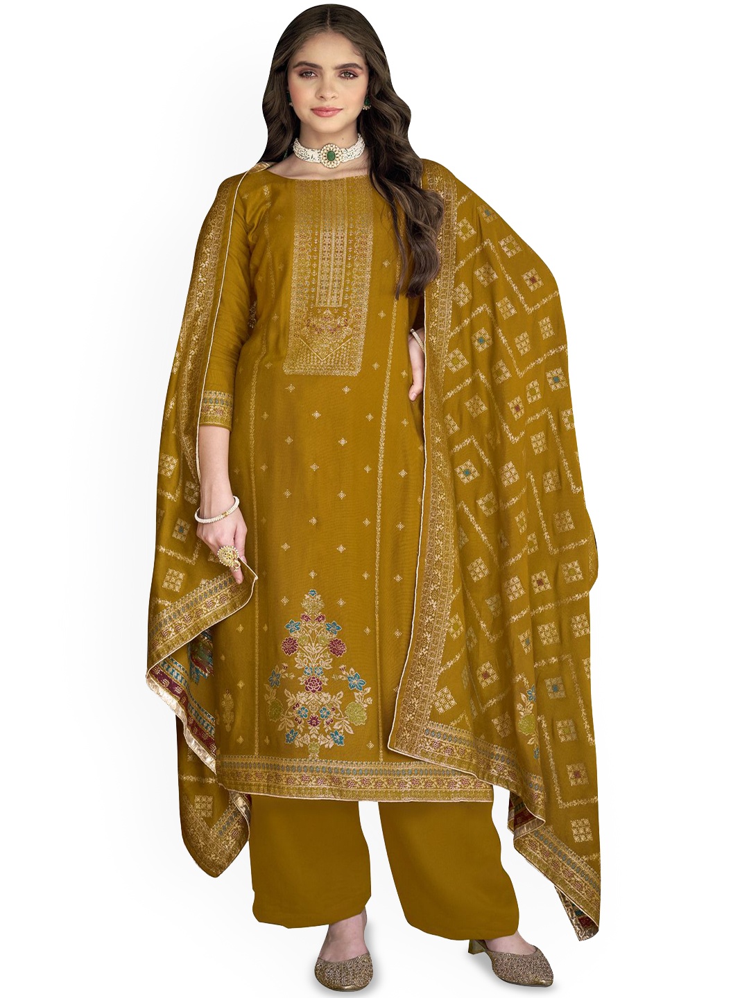

DRAVINAM Trends Ethnic Motifs Unstitched Dress Material, Yellow