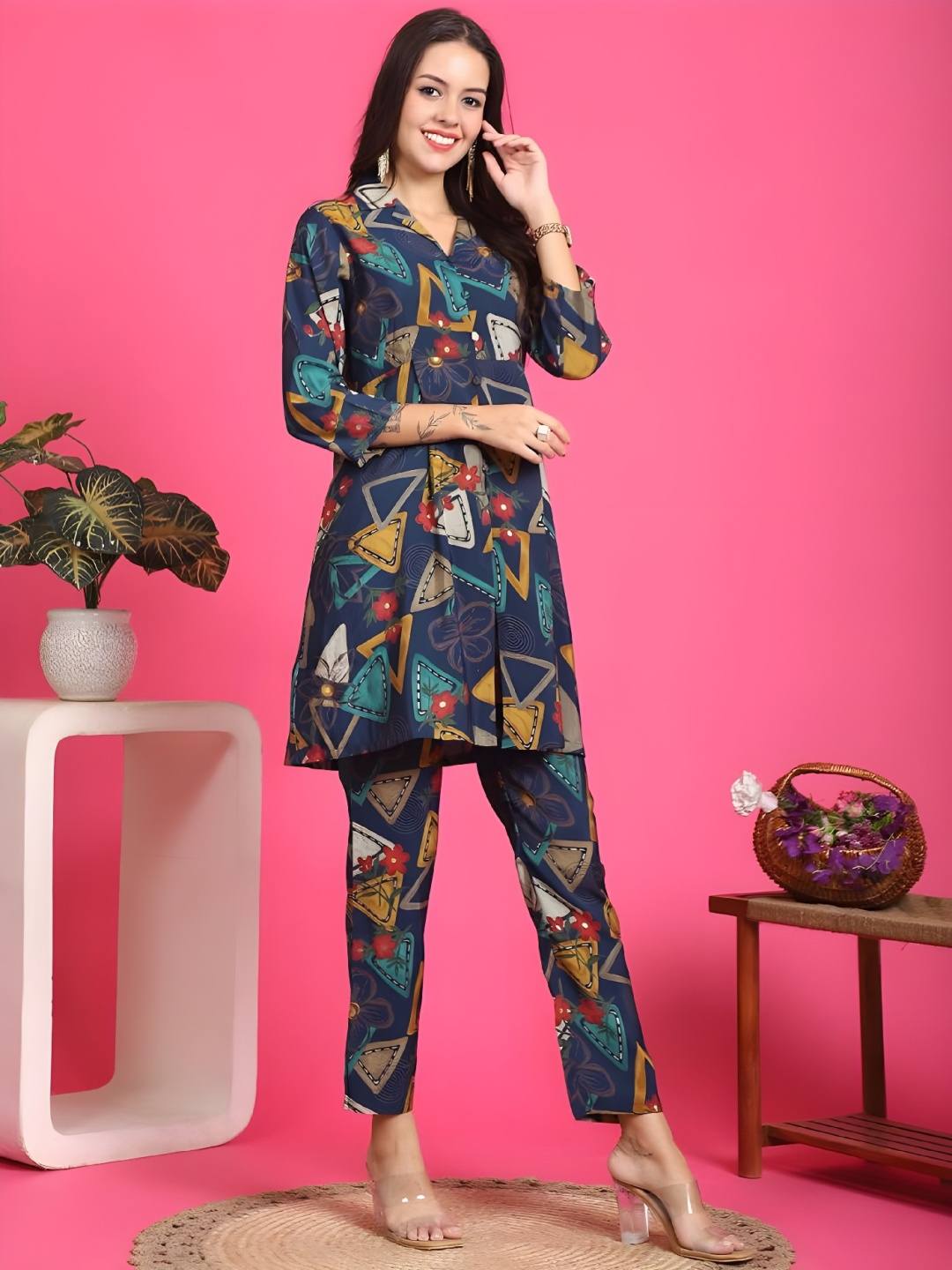

Acriine Women's Floral Printed Cotton Co-Ord Set, Blue