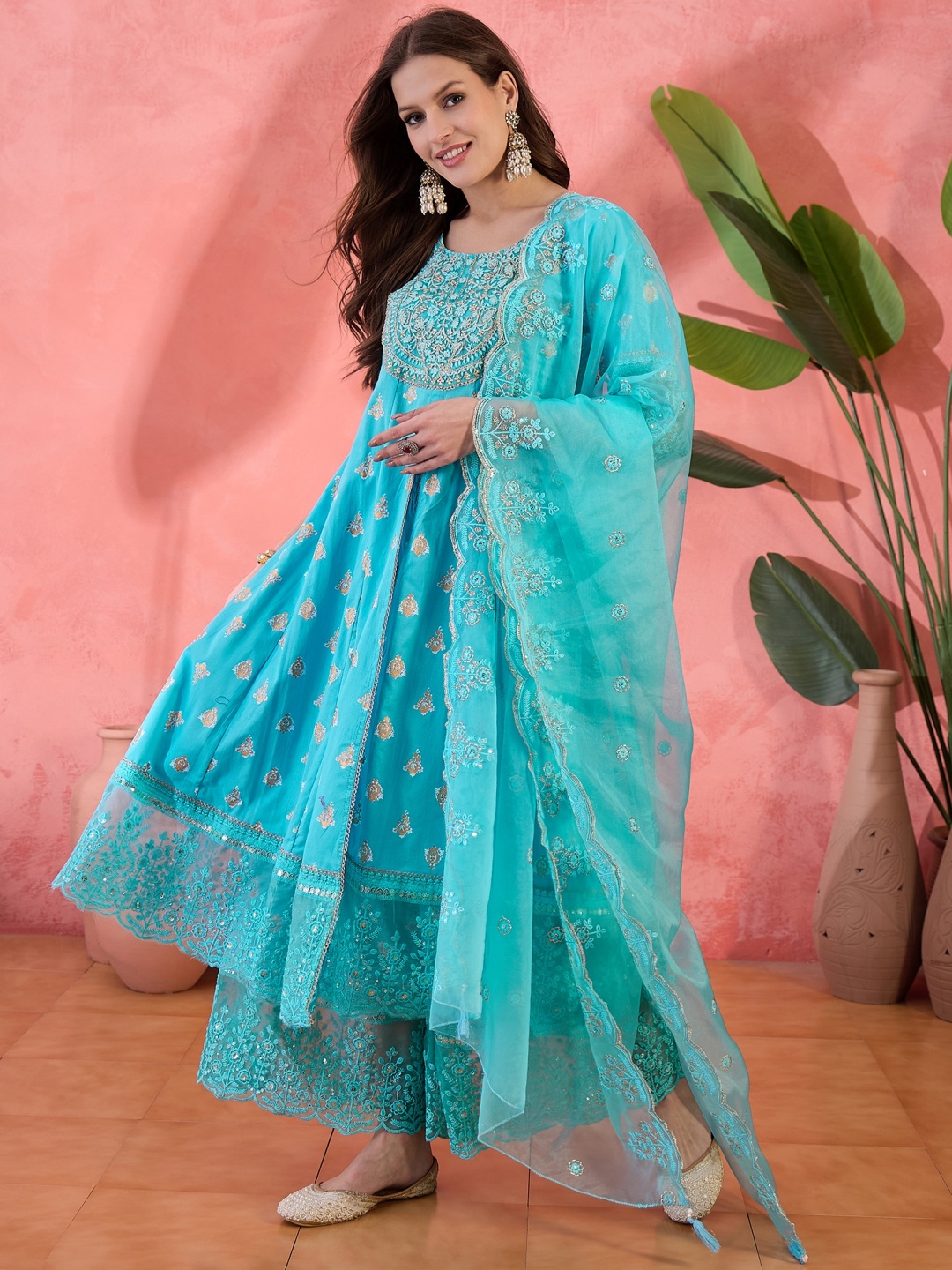 

Sangria Embroidered Kurta Sharara & Dupatta, Turquoise blue