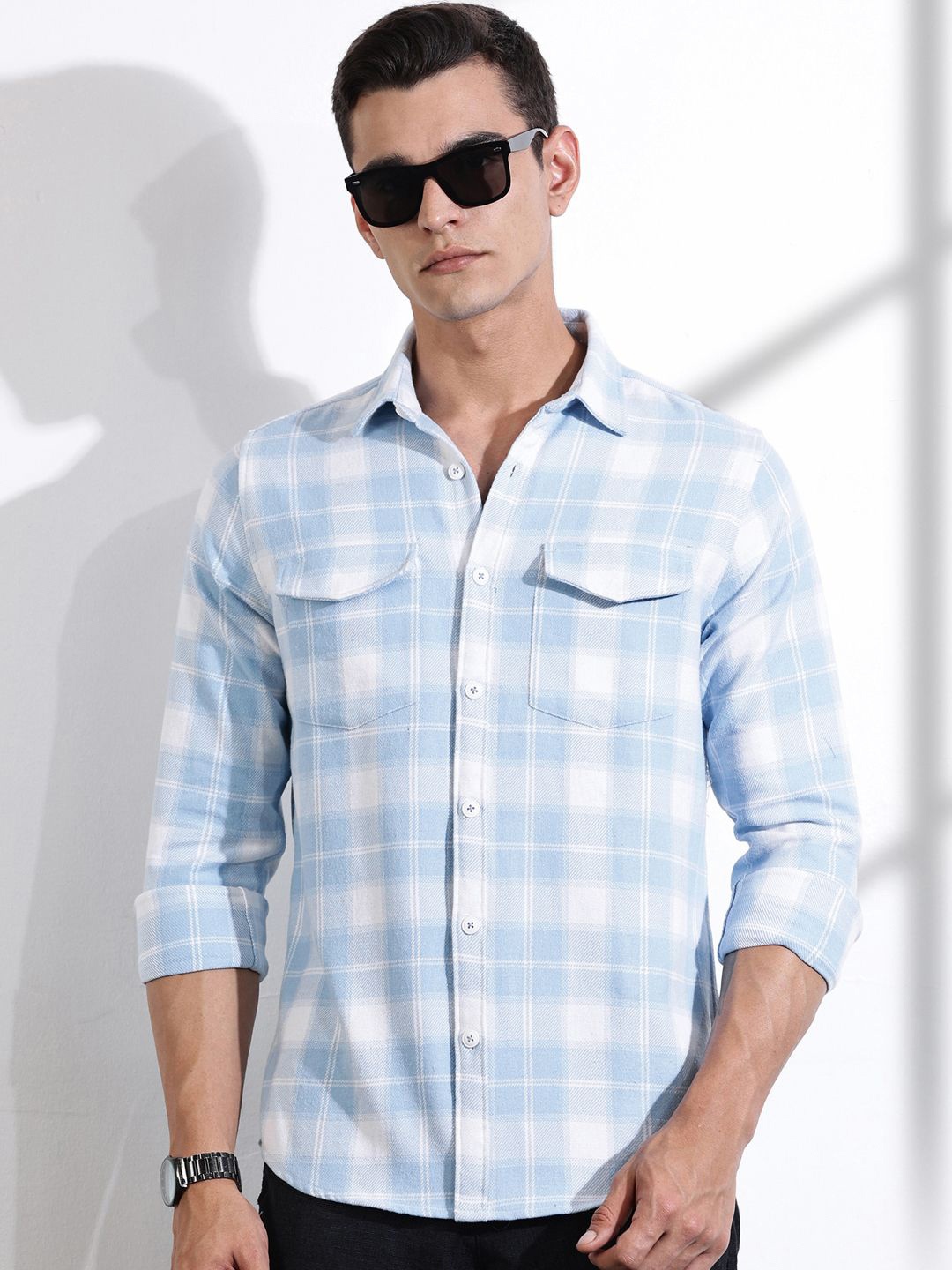 

Thomas Scott Men Premium Windowpane Checks Opaque Checked Casual Shirt, Blue
