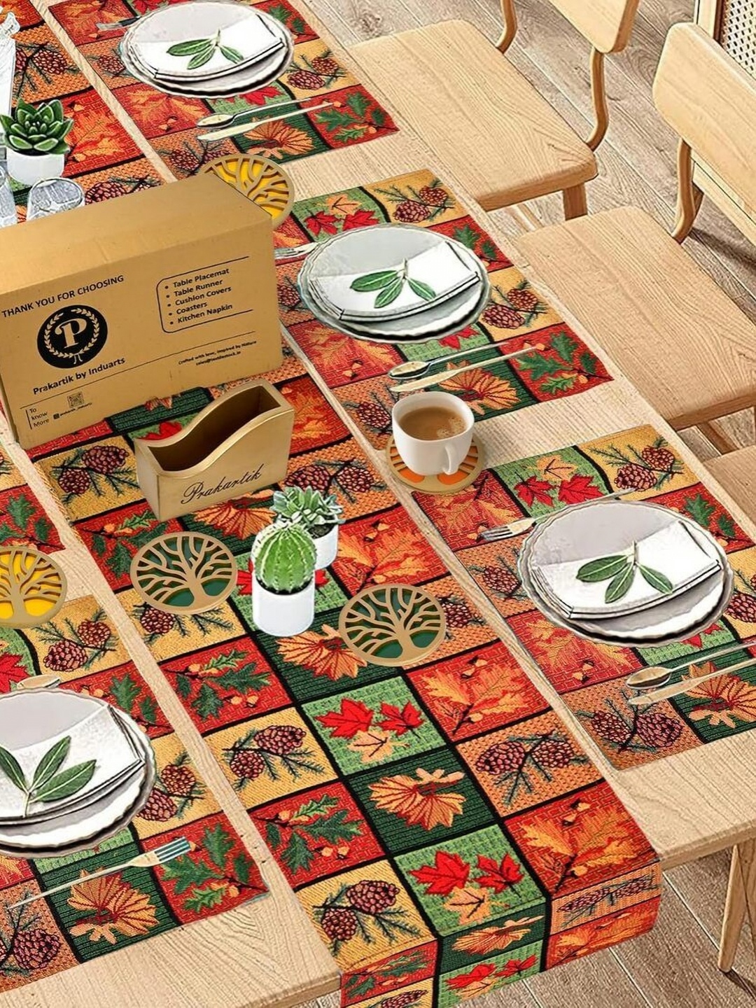 

PRAKARTIK Green & Red 13 Pieces Printed Cotton Table Placemats & Coasters