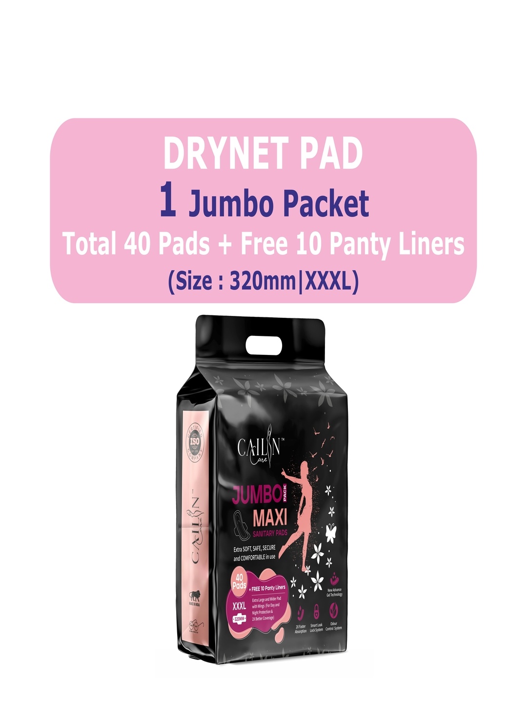 

Cailin Care Soft Cotton Sanitary Pads - XXXL - 40 Pcs With 10-Pcs Panty Liner, Black