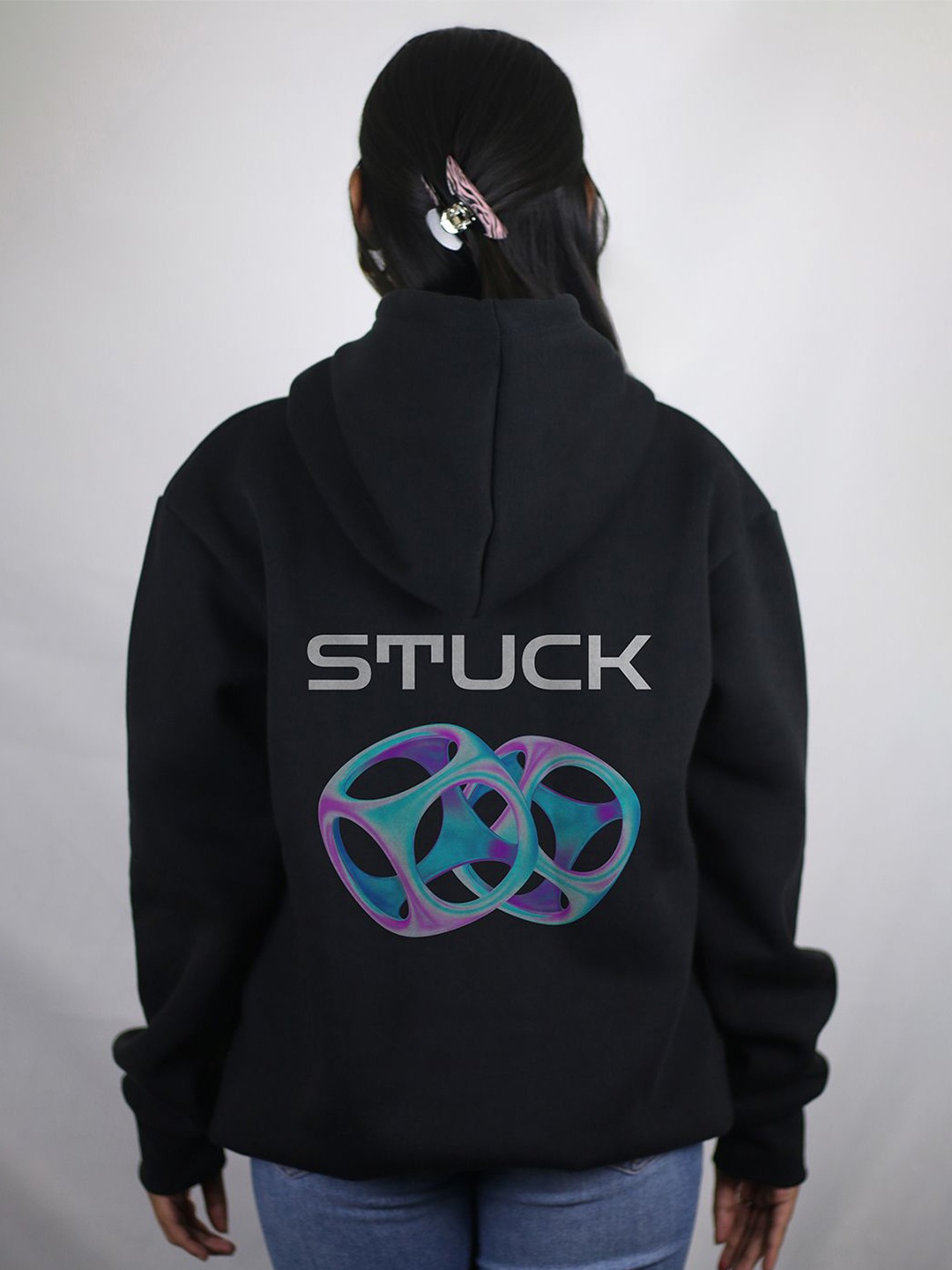 

EKSDEE Women Printed Hooded Sweatshirt, Black
