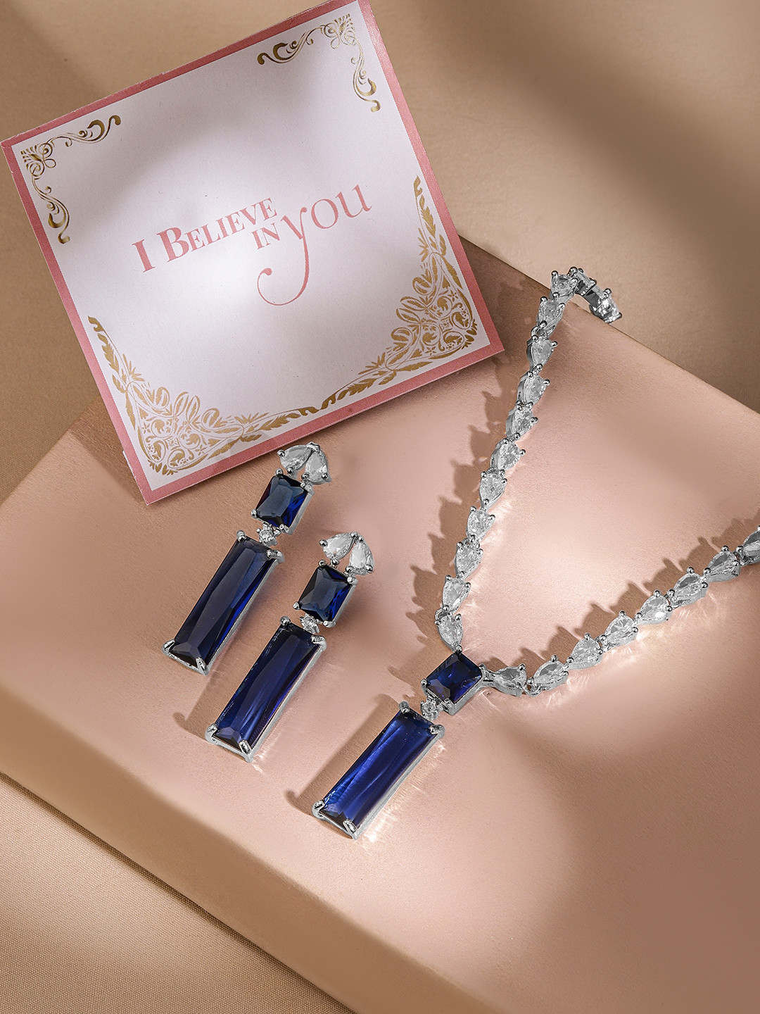 

Rubans Valentine's Rhodium-Plated Blue Sapphire AD & Cubic Zirconia Premium Necklace Set, Silver